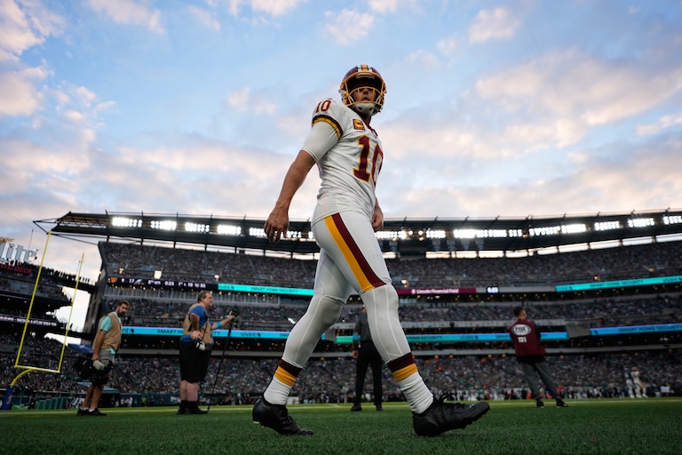 Washington Commanders punter Tress Way (10) warms up during the second half of an NFL football game against the Philadelphia Eagles, Sunday, Sept. 13, 2026, in Philadelphia. (AP Photo/Matt Slocum)