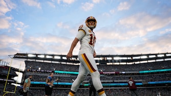 Washington Commanders punter Tress Way (10) warms up during the second half of an NFL football game against the Philadelphia Eagles, Sunday, Sept. 13, 2026, in Philadelphia. (AP Photo/Matt Slocum)