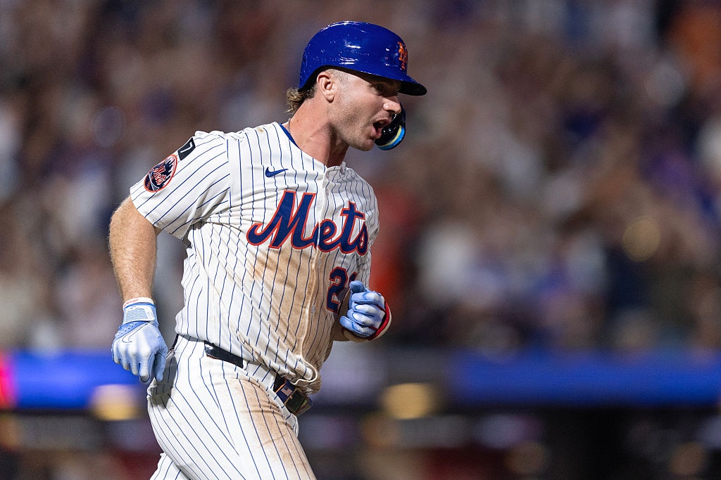 Pete Alonso reacts after hitting a solo home run during the sixth inning of the New York Mets' game against the Atlanta Braves on Aug. 12.