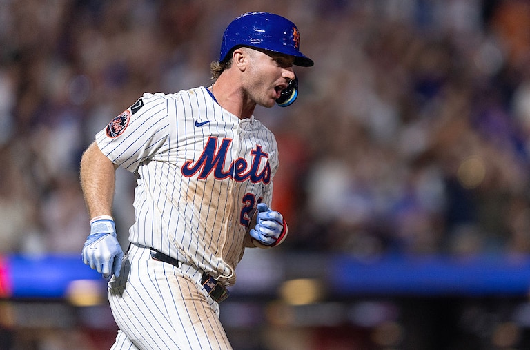 Pete Alonso reacts after hitting a solo home run during the sixth inning of the New York Mets' game against the Atlanta Braves on Aug. 12.