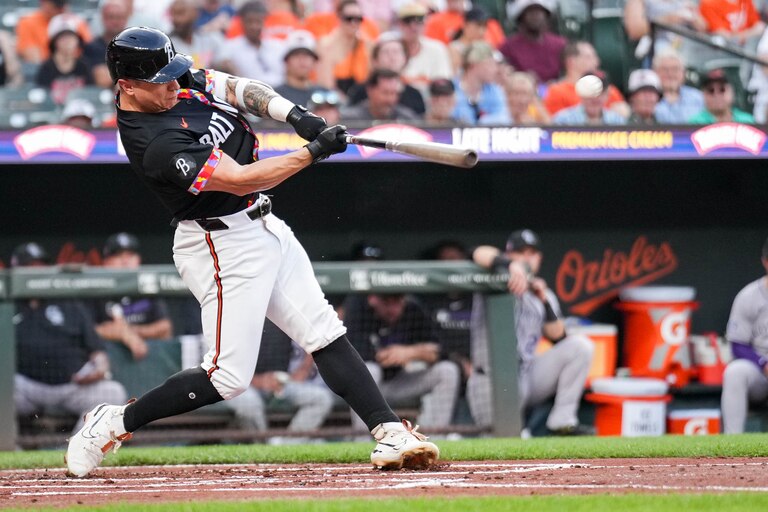 Baltimore Orioles outfielder Tyler O'Neill (9) homers in the first inning of a game against the Colorado Rockies at Oriole Park at Camden Yards in Baltimore, Md. on Friday, July 25, 2025.