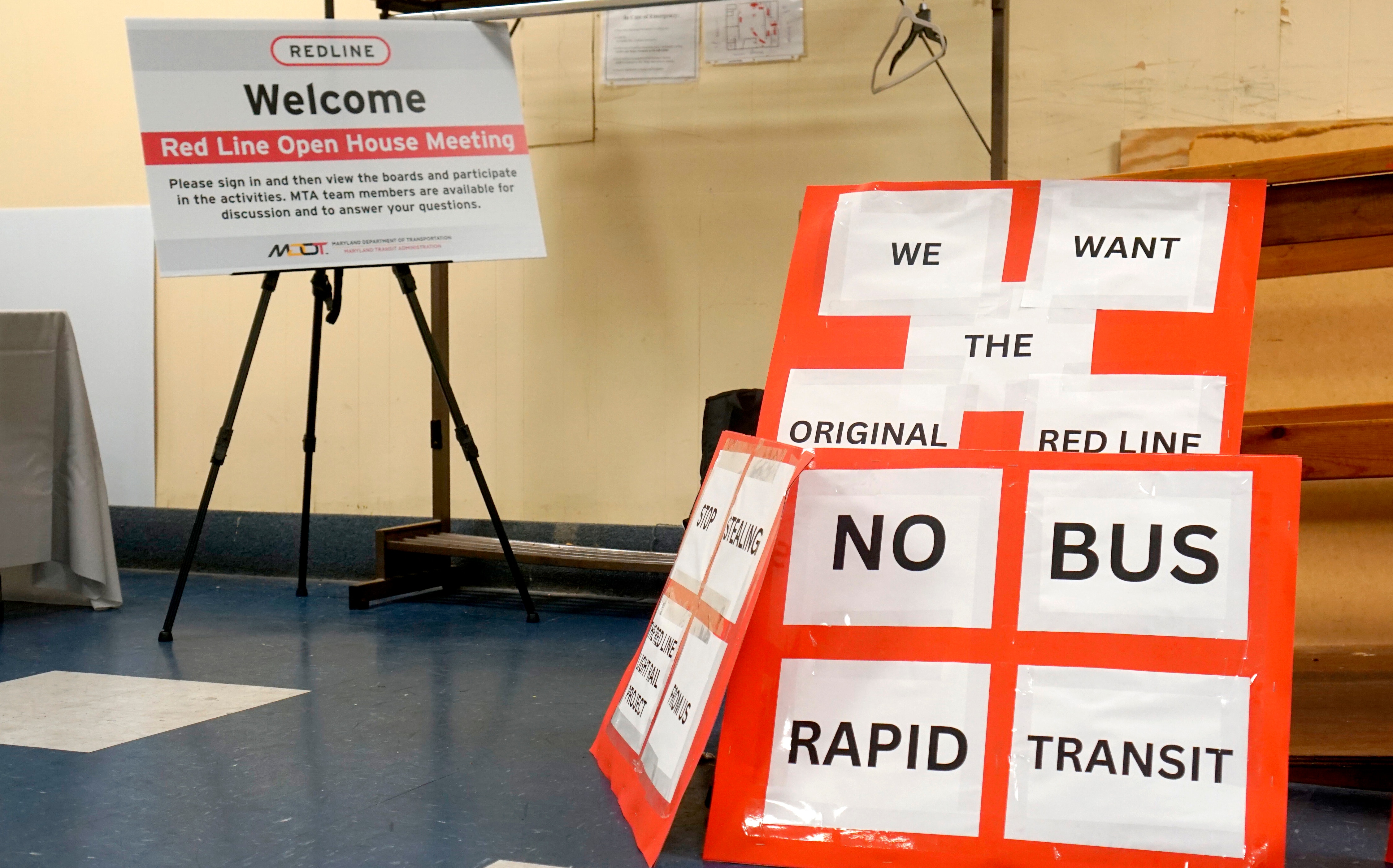 The Baltimore Transit Equity Coalition had members at MTA open houses who carried signs denouncing one potential Red Line reality — bus-rapid transit over light rail.
