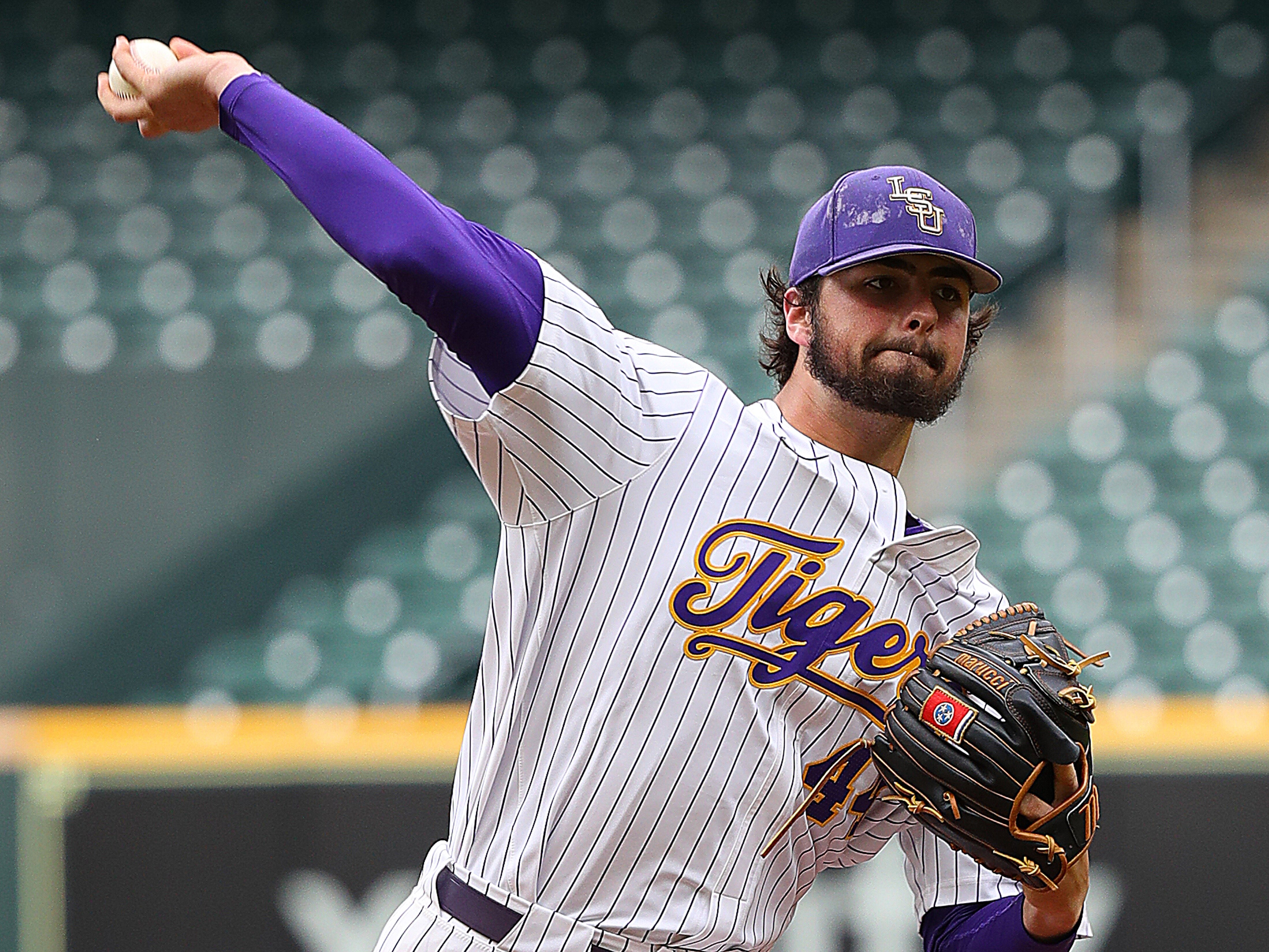 Blake Money #44 of the LSU Tigers pitches in the first inning against the Oklahoma Sooners during the Shriners Children's College Classic at Minute Maid Park on March 4, 2022 in Houston, Texas.