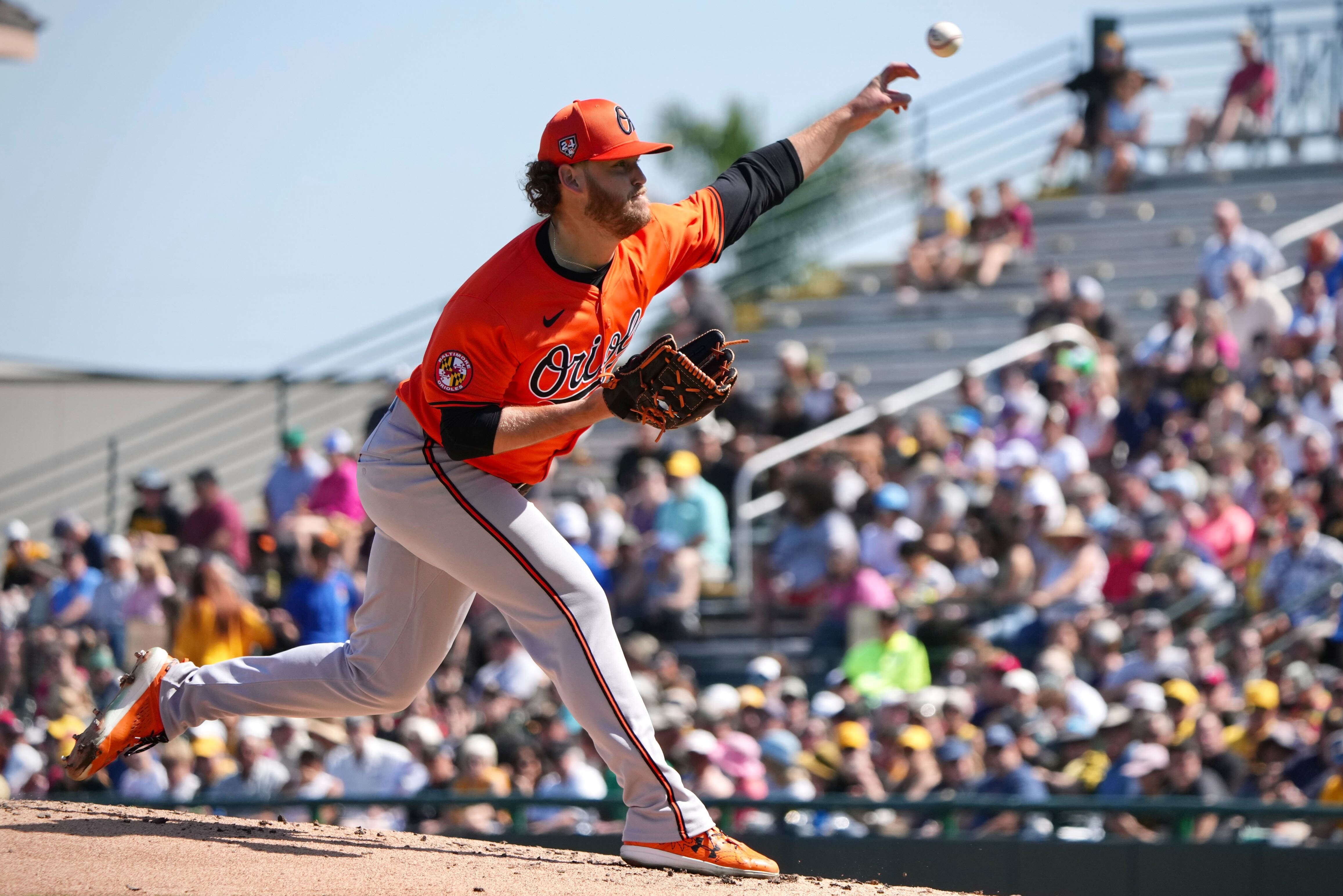 Orioles left-hander Cole Irvin delivers a pitch in the first inning of Baltimore's spring training game against the Pittsburgh Pirates on Sunday, Feb. 25, in Bradenton, Florida.