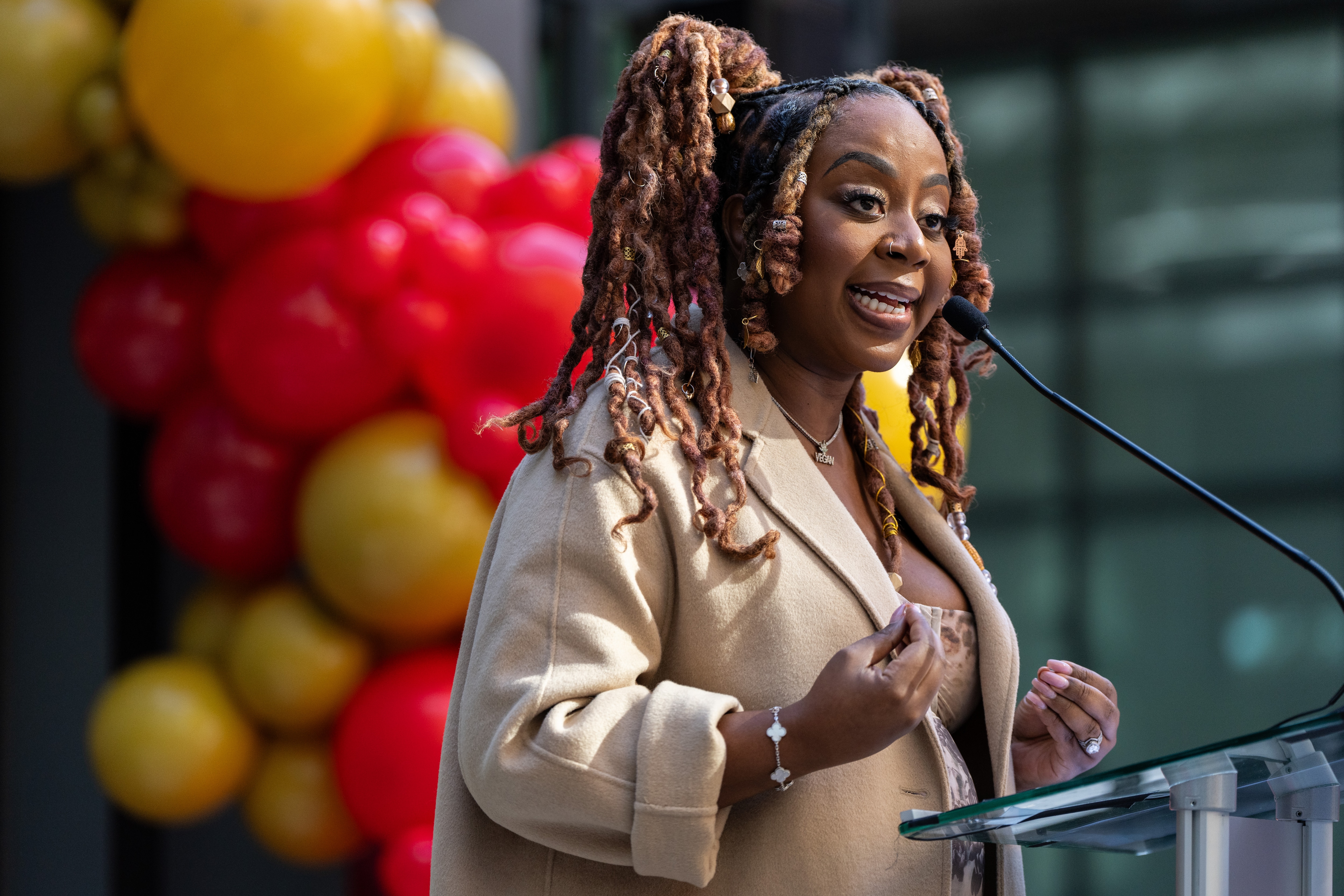 Slutty Vegan Founder Pinky Cole announces that Slutty Vegan will be opening a location at Baltimore Peninsula during a press conference on Thursday, Oct. 26, 2023.