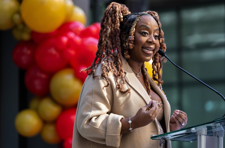 Slutty Vegan Founder Pinky Cole announces that Slutty Vegan will be opening a location at Baltimore Peninsula during a press conference on Thursday, Oct. 26, 2023.