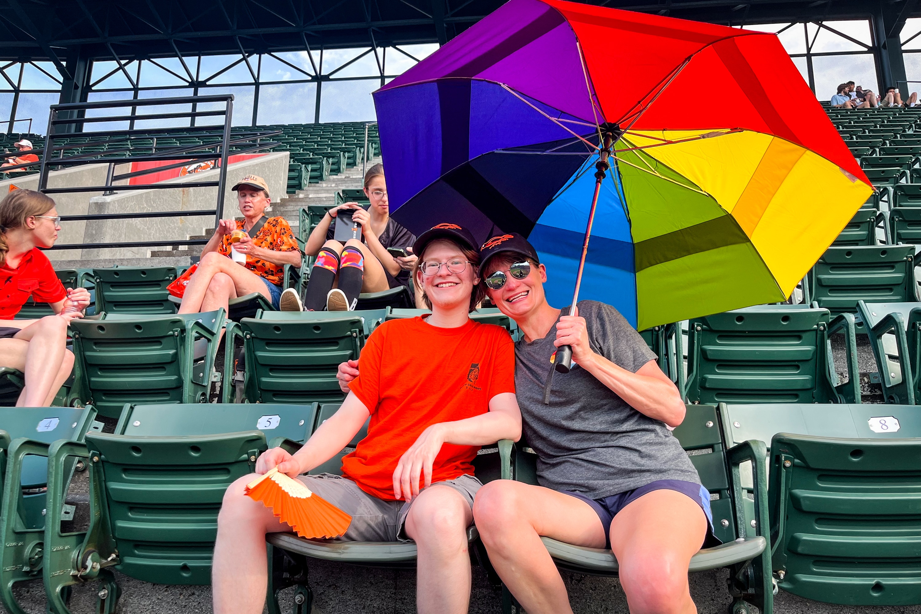 Jennifer Adams, 53, and her son, Skye Adams, 24, arrived nearly two hours before the first pitch to snag an Orioles Pride jersey during Pride Night at Orioles Park.
