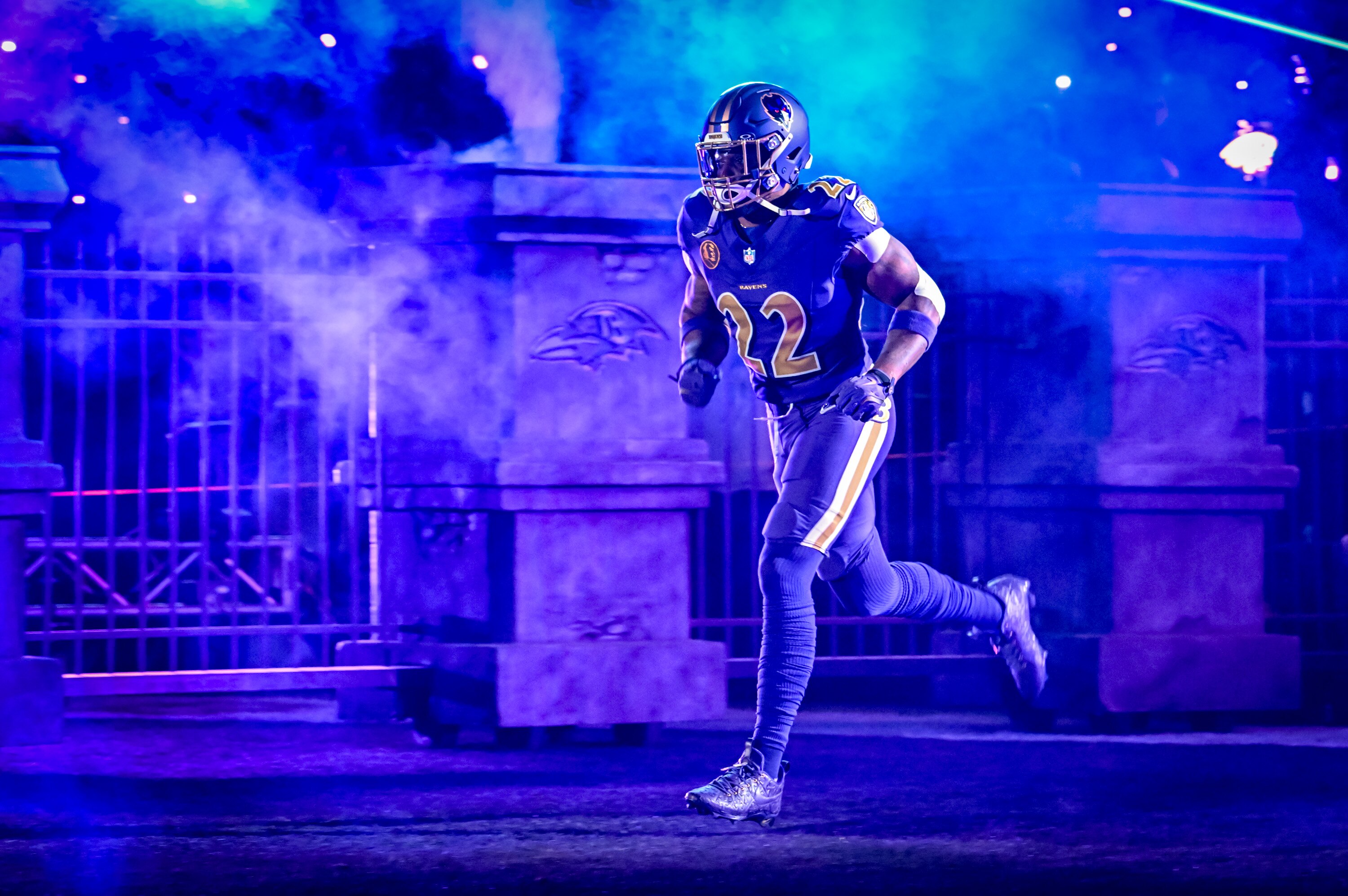 Ravens running back Derrick Henry runs onto the field during introductions before the Ravens host the Bengals on Thanksgiving night at M&T Bank Stadium.