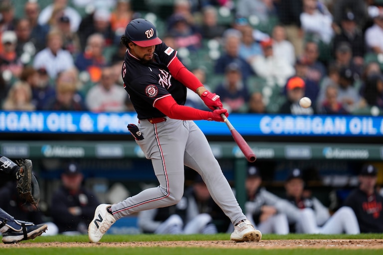 Washington Nationals' Yohandy Morales hits a two-run home run against the Detroit Tigers during the sixth inning.