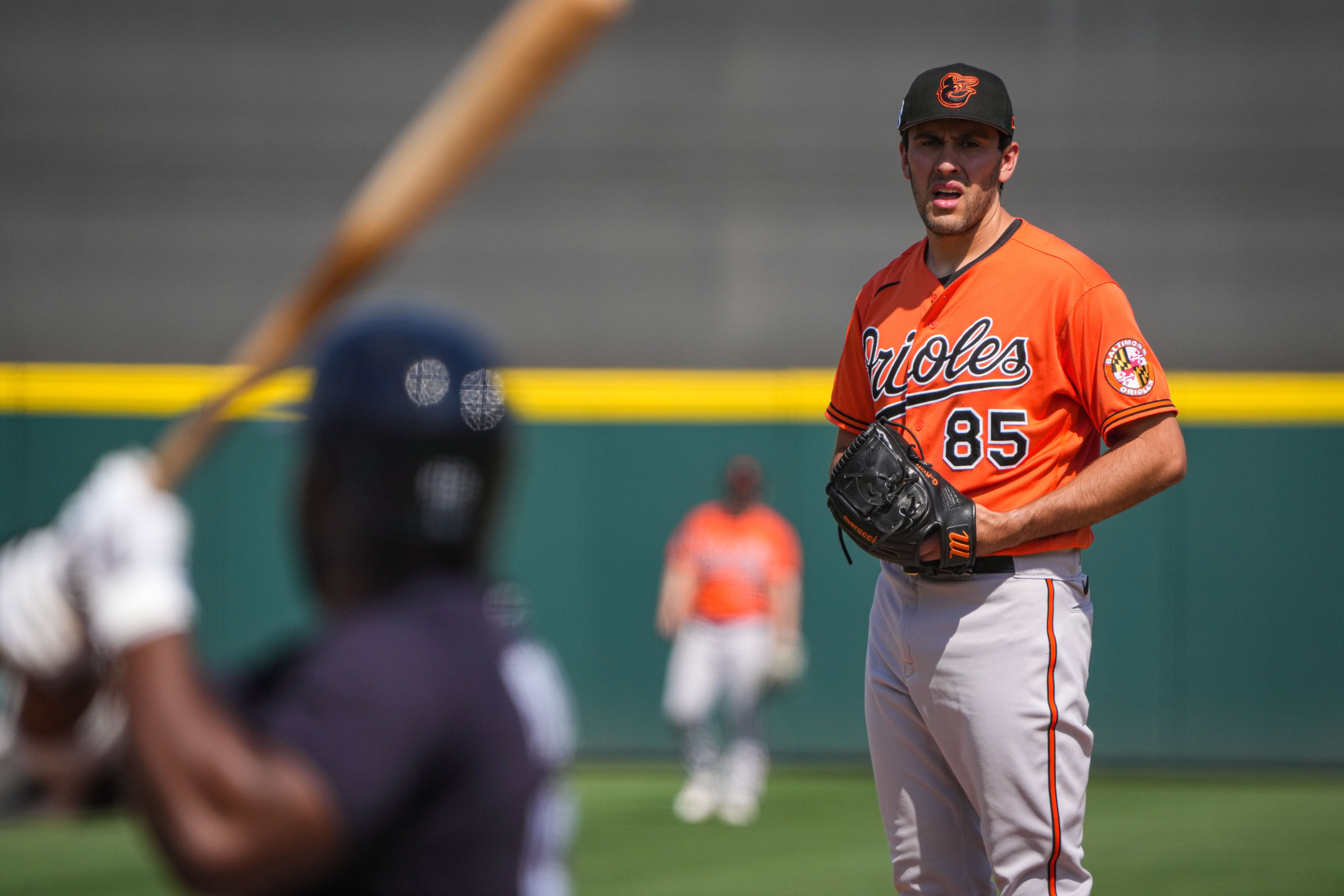 Grayson Rodriguez (85) prepares to deliver a pitch at Publix Field at Joker Marchant Stadium in the first inning of a game against the Detroit Tigers on 3/2/23. The Baltimore Orioles traveled to Lakeland to play the Tigers in the Florida Grapefruit League.