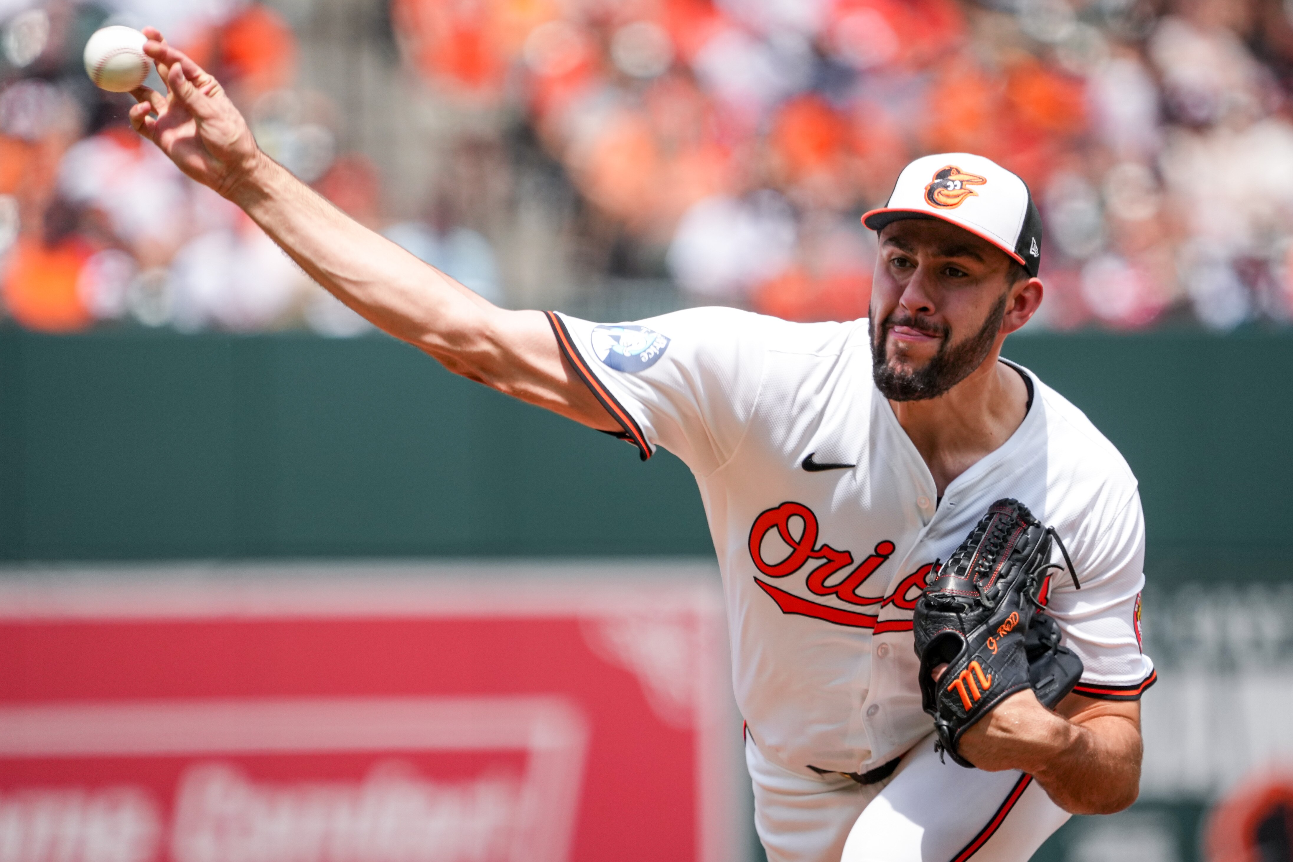 Baltimore Orioles pitcher Grayson Rodriguez (30) delivers a pitch during a game against the Toronto Blue Jays at Camden Yards on July 31, 2024.