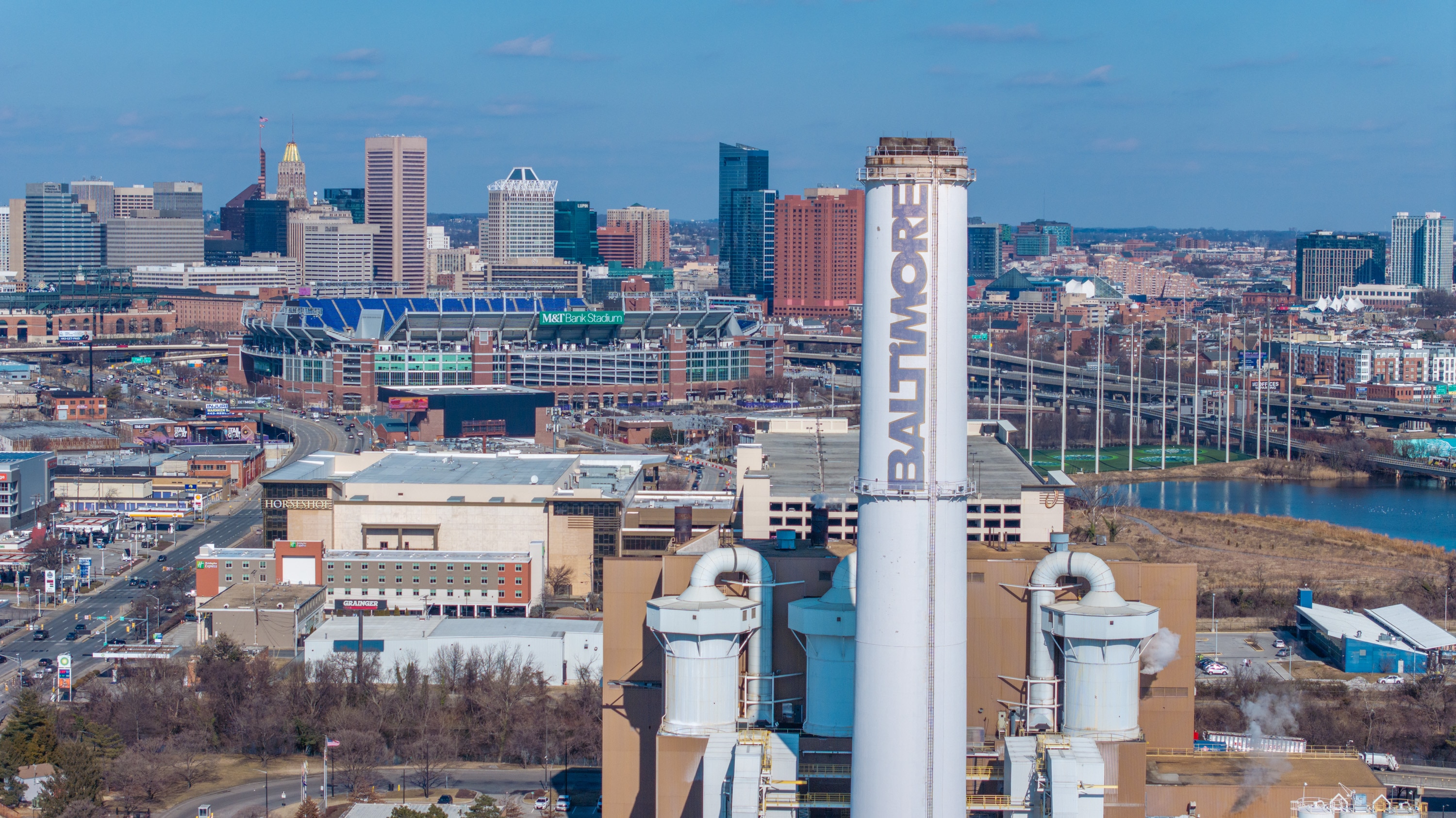 The WIN Waste Innovations trash incinerator towers over I-95 in South Baltimore.