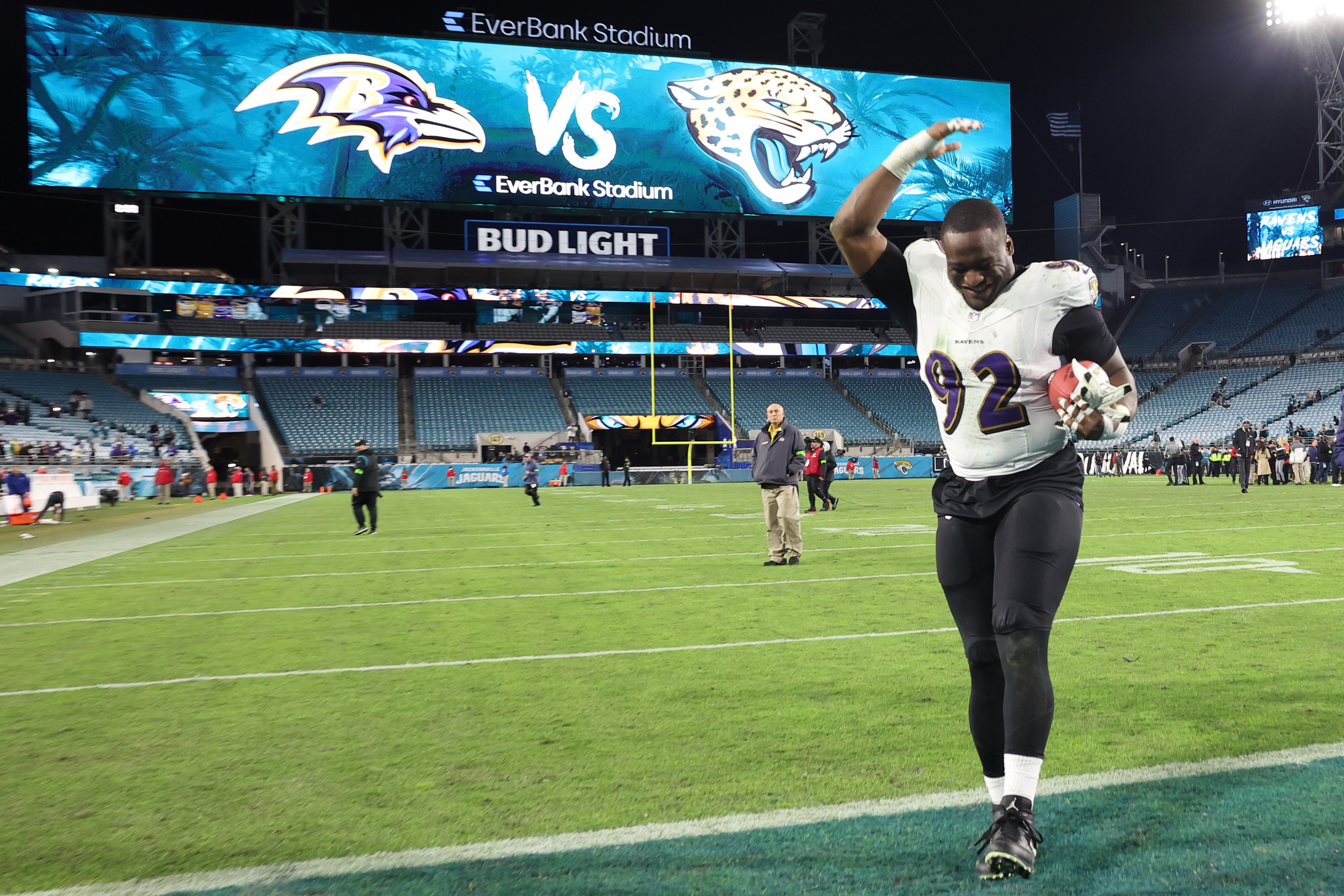 Justin Madubuike of the Ravens leaves the field after his team's 23-7 victory against the Jacksonville Jaguars on Sunday night. Madubuike recorded his 12th sack of the season and tied an NFL record with 11 straight games with at least half a second.