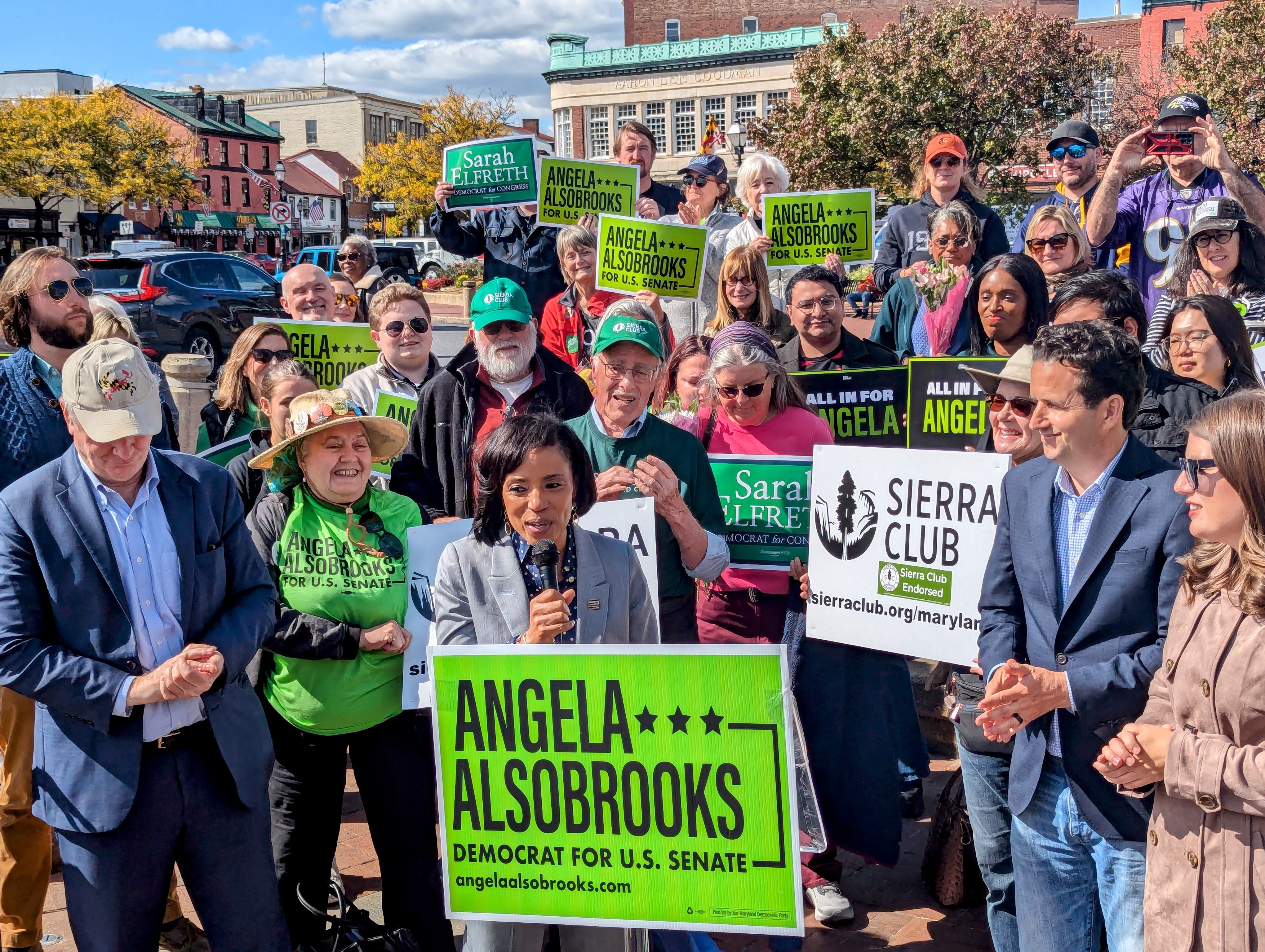 Angela Alsobrooks, the Democratic candidate for U.S. Senate in Maryland, talks about climate change at City Dock in Annapolis on Oct. 16, 2024, surrounded by people working on the issue for years.