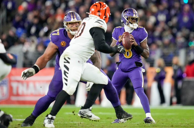 Baltimore Ravens quarterback Lamar Jackson (8) drops back to pass in the fourth quarter of a game against the Cincinnati Bengals on Thanksgiving at M&T Bank Stadium in Baltimore, Md., on Thursday, November 27, 2025.