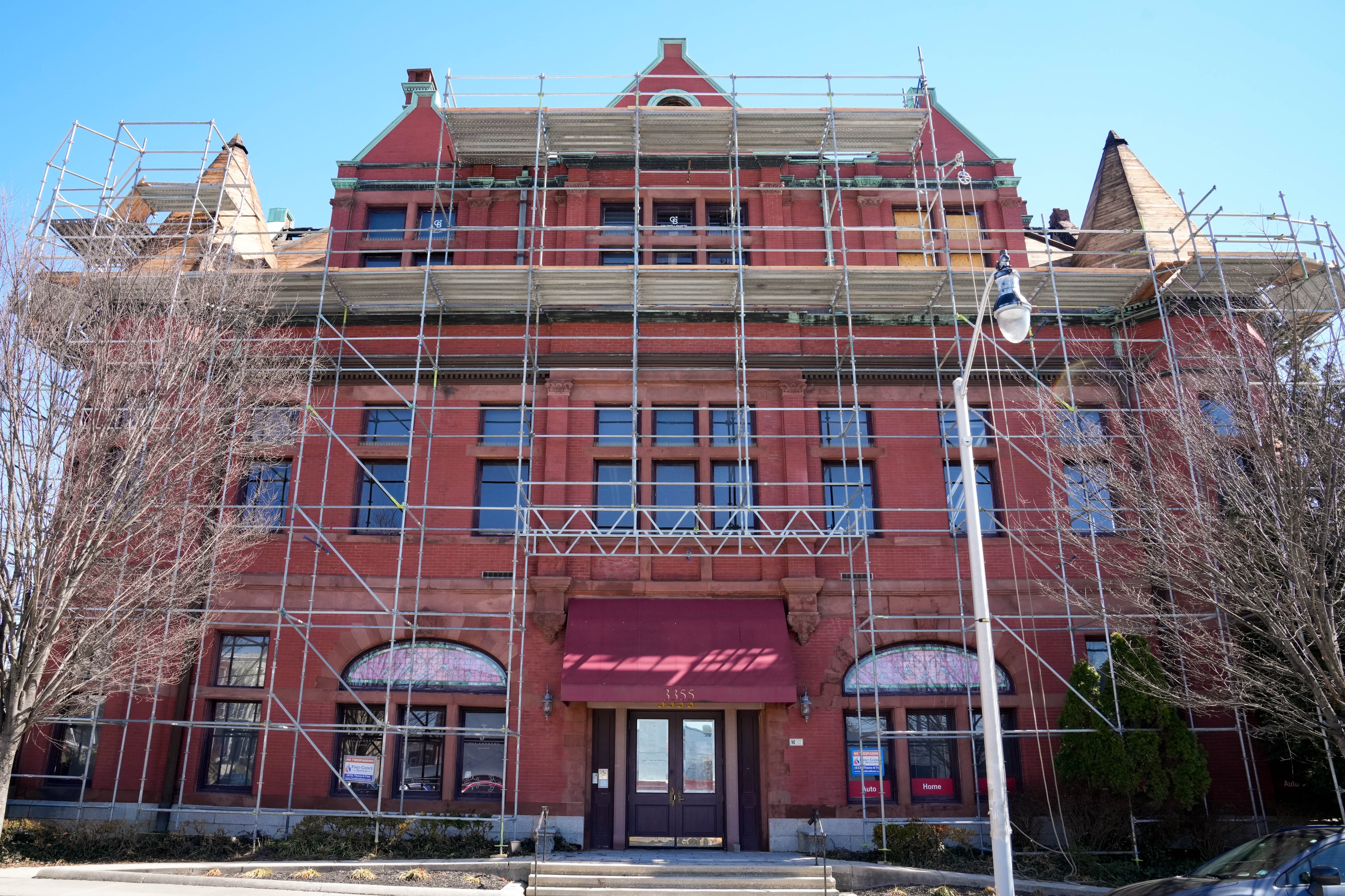 Scaffolding covers The Castle, a historic building in Baltimore’s Hampden neighborhood, earlier this month.