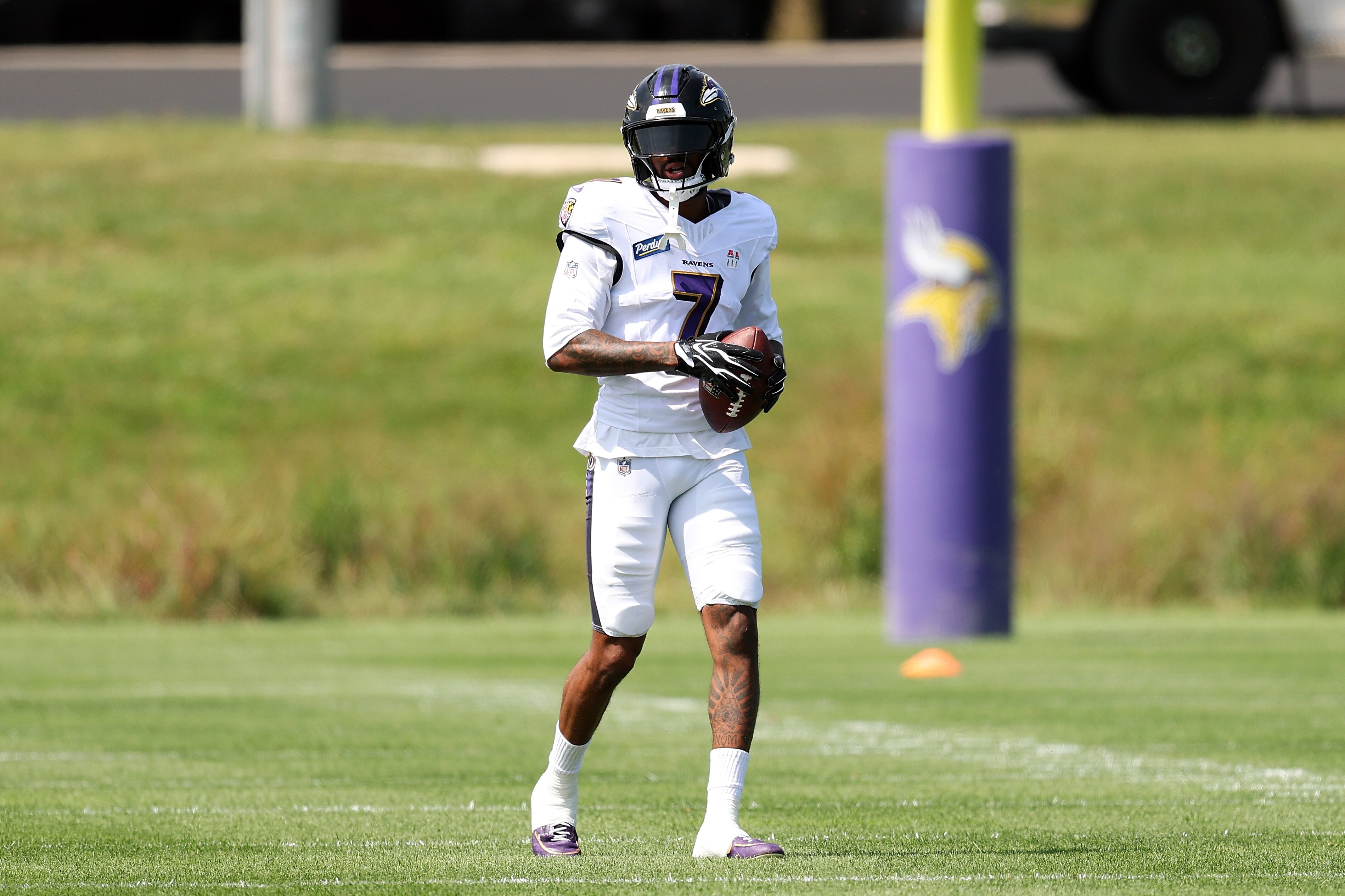 Ravens wide receiver Rashod Bateman takes the field during the joint practices with the Vikings in Minnesota on Wednesday.