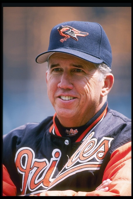 13 Apr 1997: Manager Davey Johnson of the Baltimore Orioles stands on the field watching his players during a game against the Texas Rangers at Camden Yards in Baltimore, Maryland. The Orioles won the game 9-0. Mandatory Credit: Doug Pensinger /Allsport