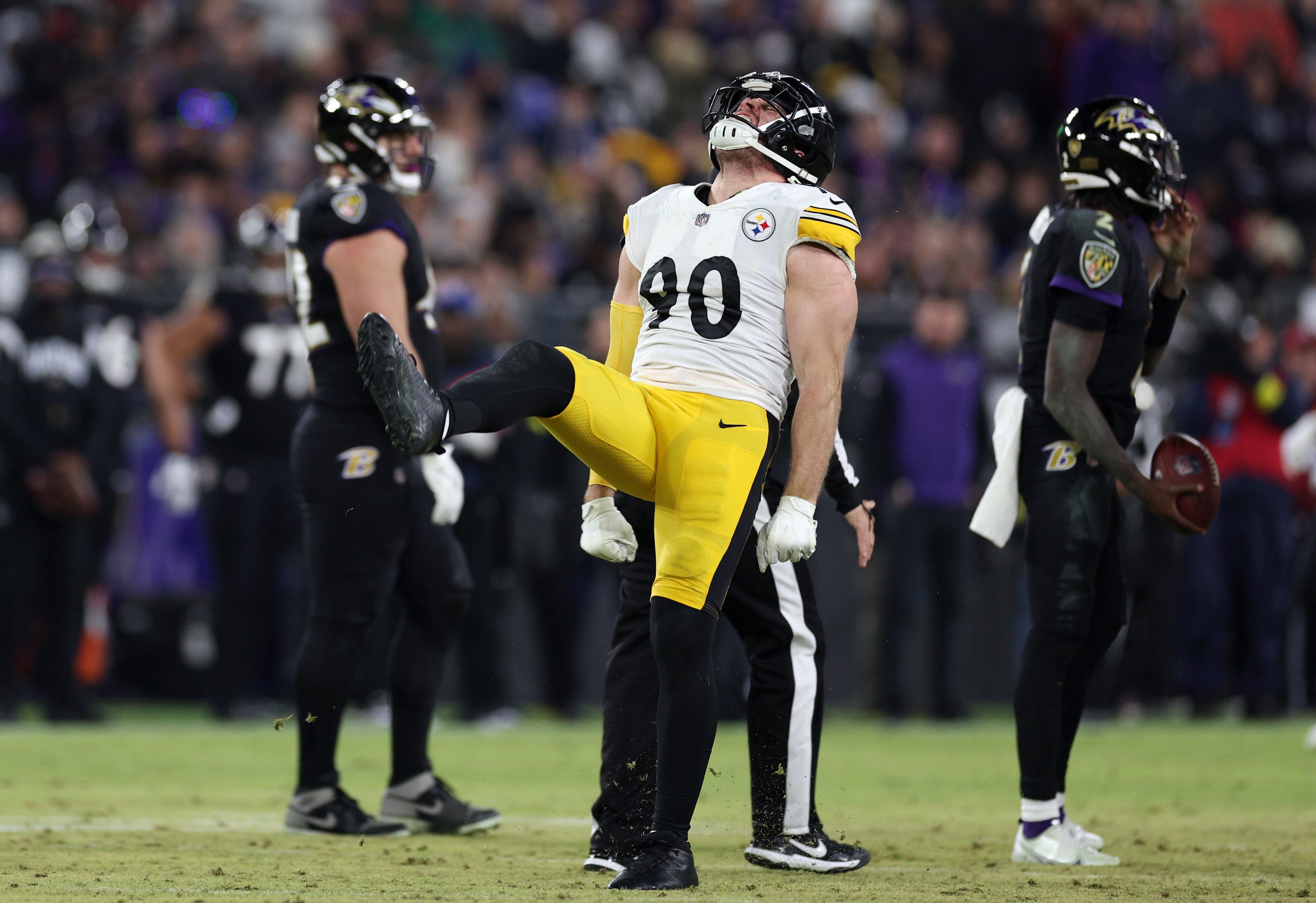 T.J. Watt of the Steelers celebrates sacking Tyler Huntley of the Ravens during last-season's game on New Year's Day.