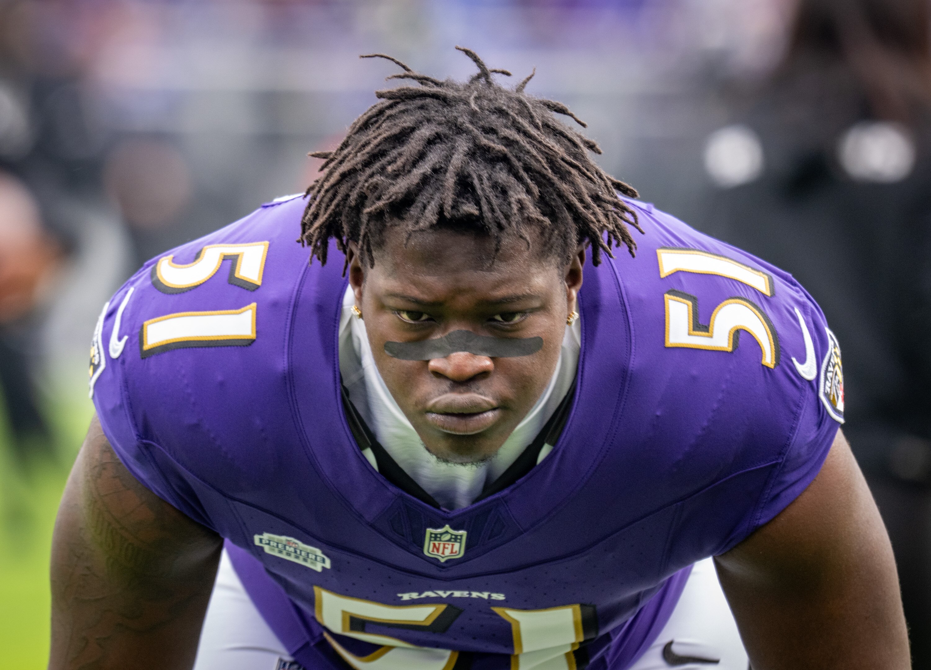 Offensive tackle Emery Jones Jr. warms up before the Ravens host the New York Jets at M&T Bank Stadium on Sunday.