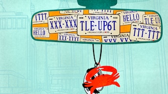 Illustration shows a rear view mirror whose image shows many Virginia license plates. In the background is a lightly sketched streetscape of downtown Baltimore. A crab and the Natty Boh logo hang from the rear view mirror.