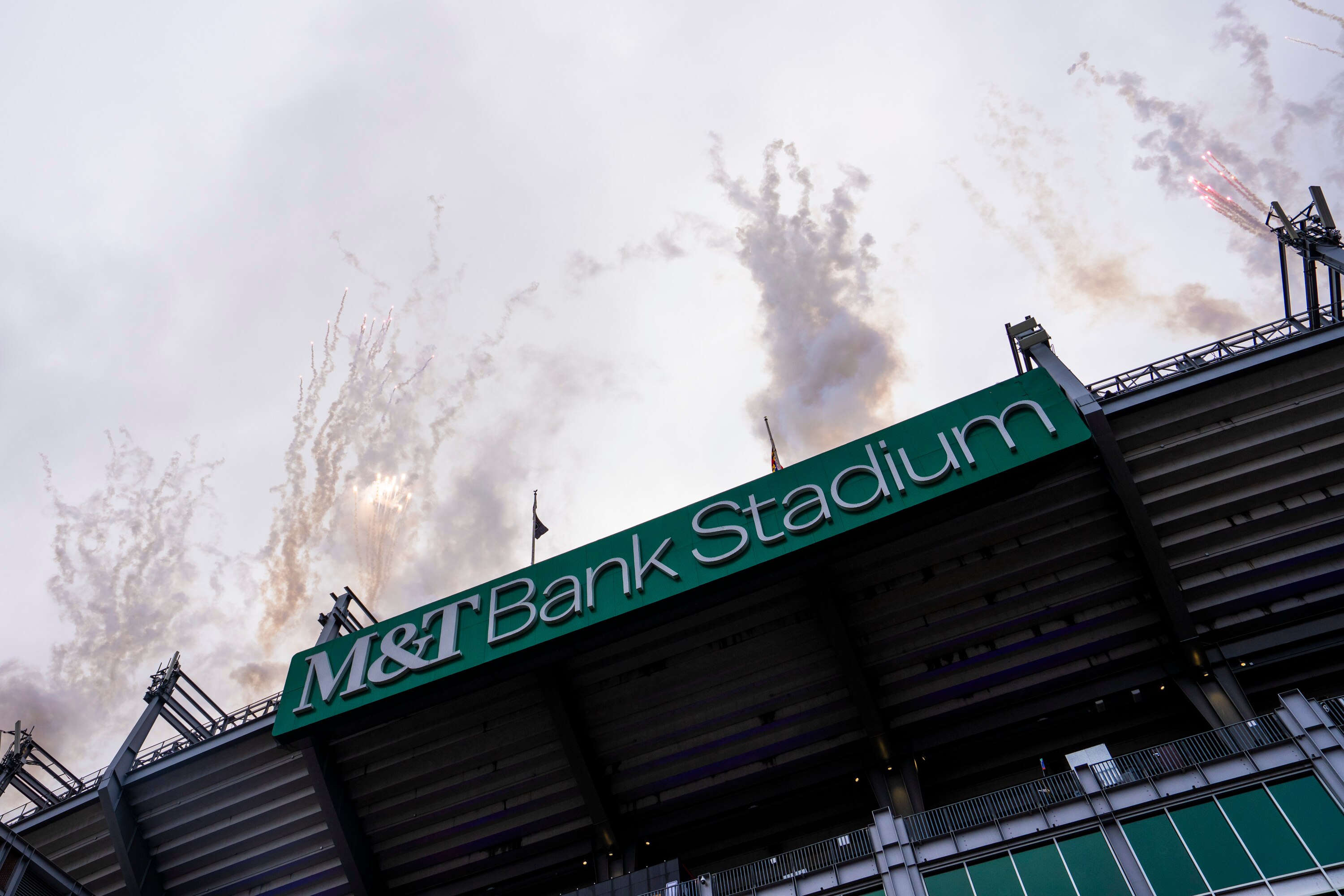 Fireworks go off at M&T Bank Stadium in Baltimore before the AFC championship game between the Baltimore Ravens and Kansas City Chiefs on Jan. 28, 2024.