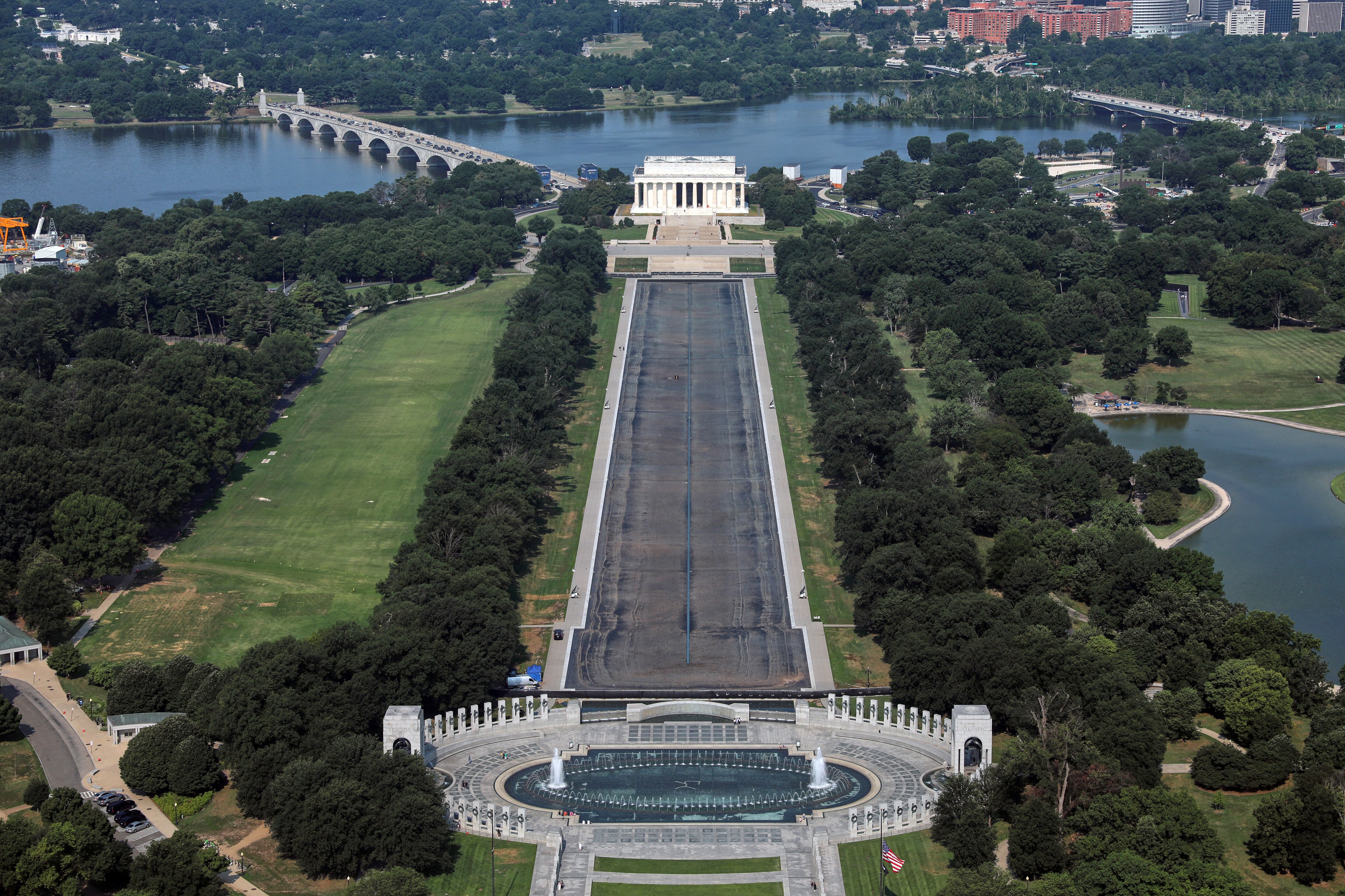 The Lincoln Memorial and the Reflecting Pool are seen from the Washington Monument, Wednesday, July 15, 2026, in Washington.
