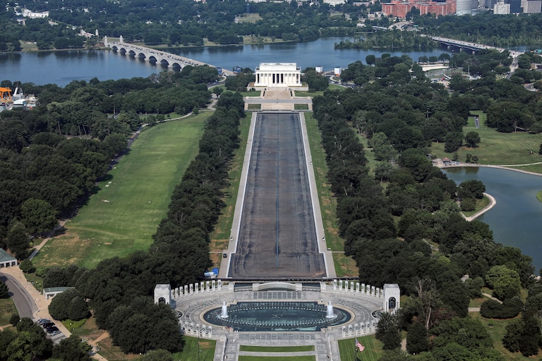 The Lincoln Memorial and the Reflecting Pool are seen from the Washington Monument, Wednesday, July 15, 2026, in Washington.
