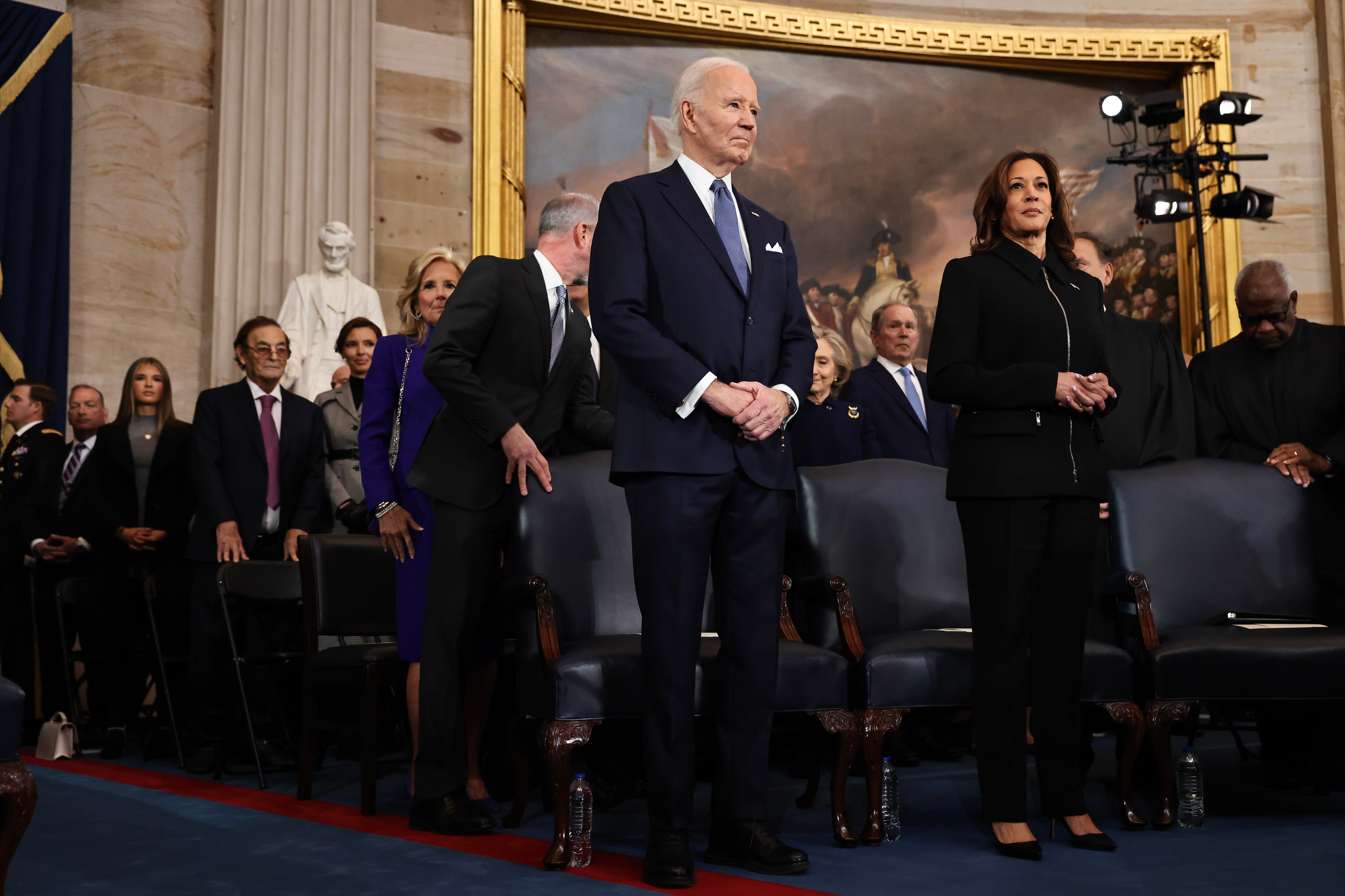 WASHINGTON, DC - JANUARY 20: U.S. President Joe Biden and U.S. Vice President Kamala Harris arrive to the inauguration of U.S. President-elect Donald Trump in the Rotunda of the U.S. Capitol on January 20, 2025 in Washington, DC. Donald Trump takes office for his second term as the 47th president of the United States.