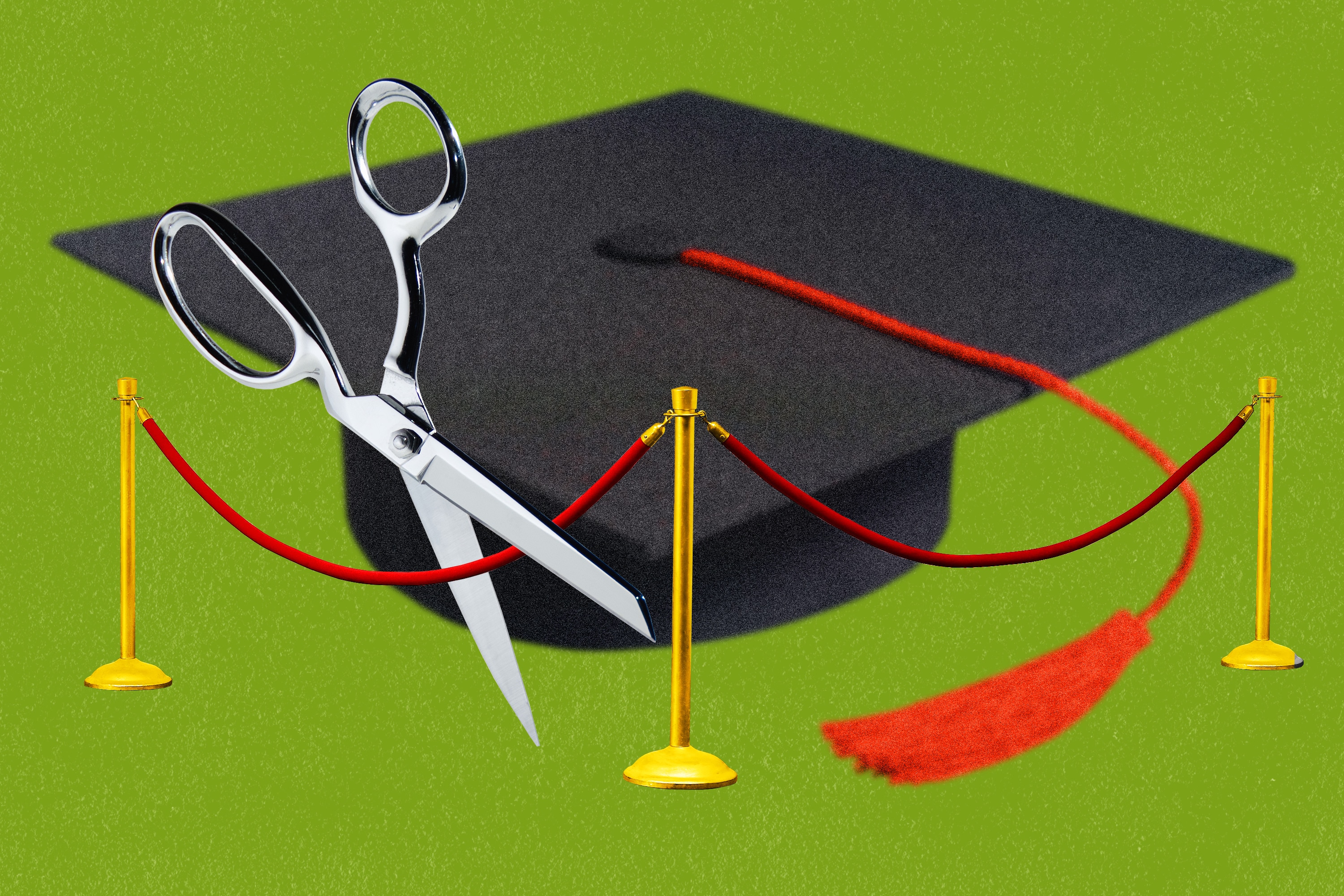 Photo collage of large pair of scissors cutting red velvet rope that blocks off graduation cap.