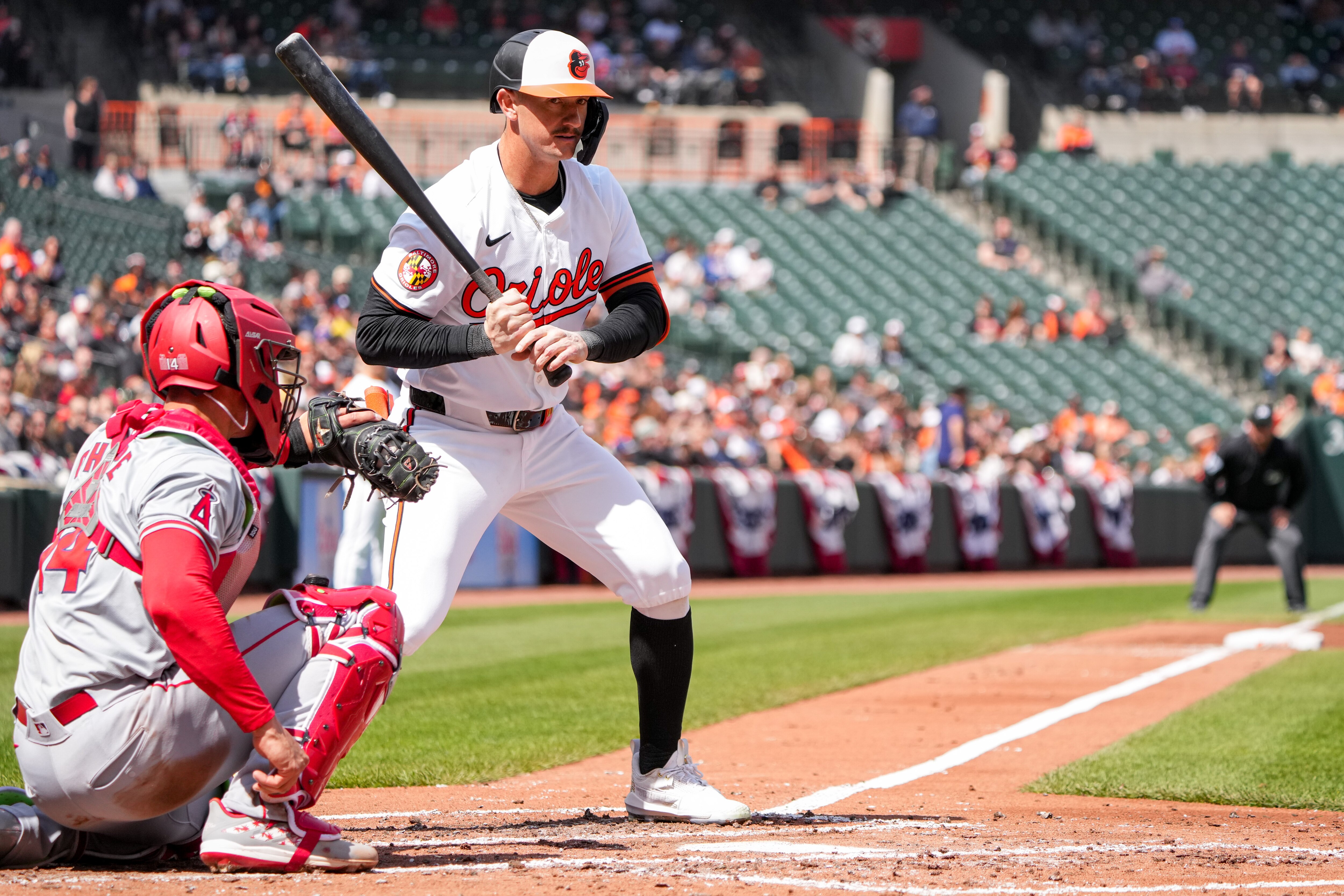 Baltimore Orioles left fielder Austin Hays (21) stands at the plate in a game against the Los Angeles Angels on March 31.