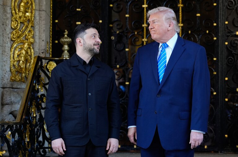 President Donald Trump greets Ukraine's President Volodymyr Zelenskyy at his Mar-a-Lago club, Sunday, Dec. 28, 2025, in Palm Beach, Fla.