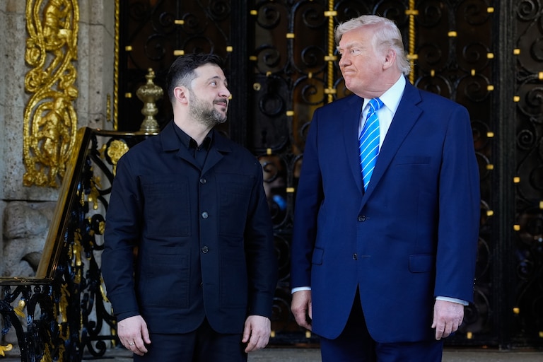 President Donald Trump greets Ukraine's President Volodymyr Zelenskyy at his Mar-a-Lago club, Sunday, Dec. 28, 2025, in Palm Beach, Fla.