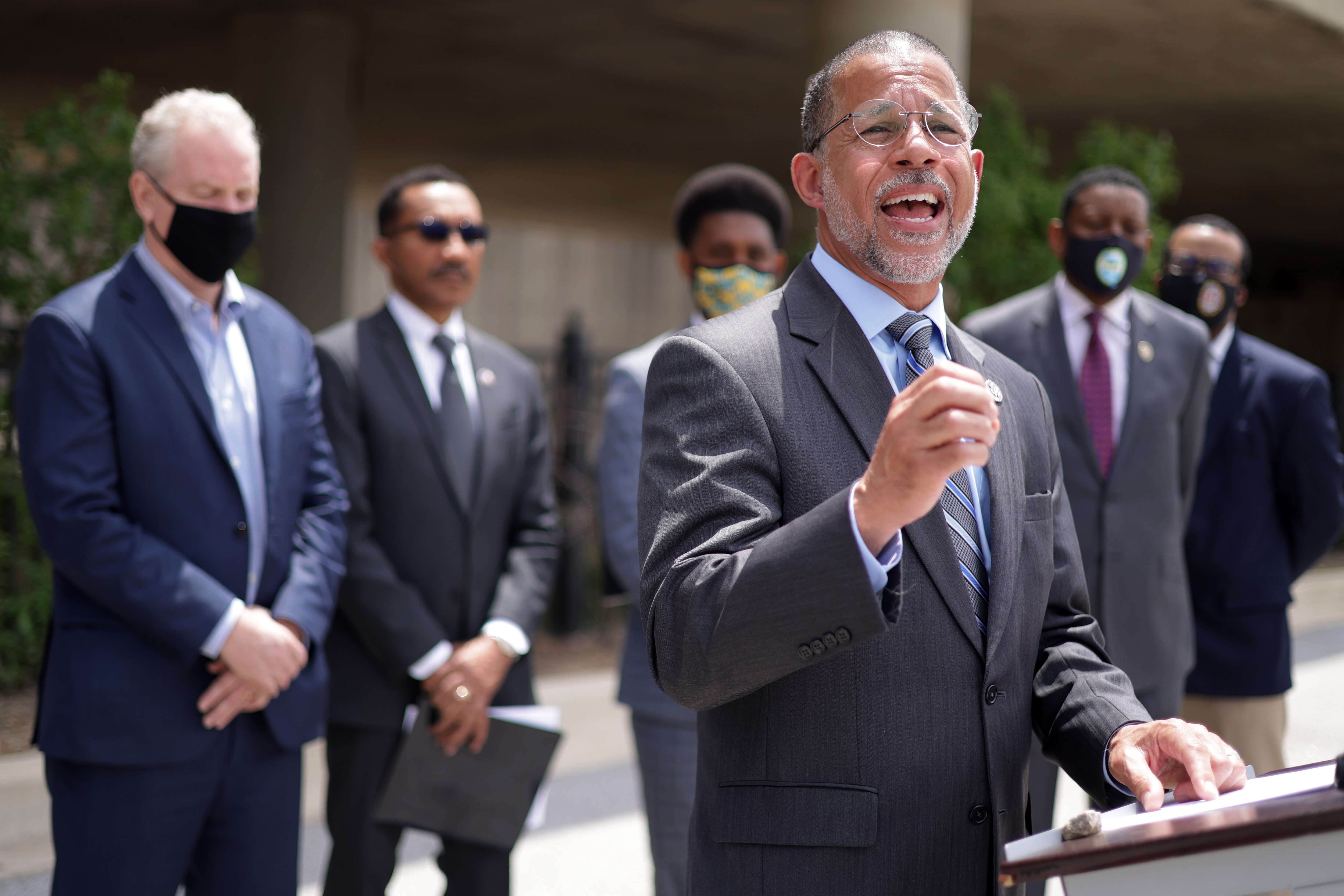 U.S. Rep. Anthony Brown (D-MD) speaks during a news conference on May 17, 2021 in Baltimore, Maryland. Members of the Maryland Congressional Delegation held a news conference to discuss the "Reconnecting Communities Act," legislation to "reconnect and revitalize areas that were harmed by the construction of the Interstate Highway System" and "reform the long history of inequity in infrastructure."