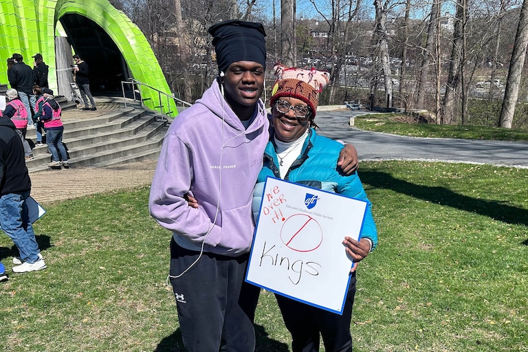 SATURDAY, MARCH 28, 2026 - Nicolle Brazil, a member of Howard County’s National Association of Colored People, and her son, Noah Brazil, 19, at the No Kings protest at Chrysalis at Merriweather Park at Symphony Woods in Columbia.