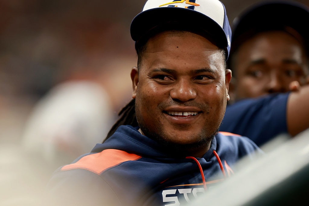 Framber Valdez reacts while talking with fans in the fifth inning against the Texas Rangers on Sept. 15.
