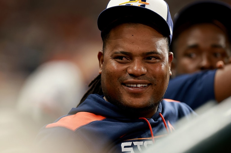 Framber Valdez reacts while talking with fans in the fifth inning against the Texas Rangers on Sept. 15.