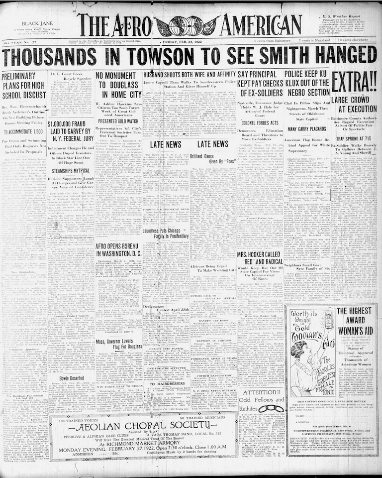 When Baltimore County executed Black veteran Samuel Smith in February 1922, The AFRO American reported that 2,300 white people massed behind the jail in Towson to see it.