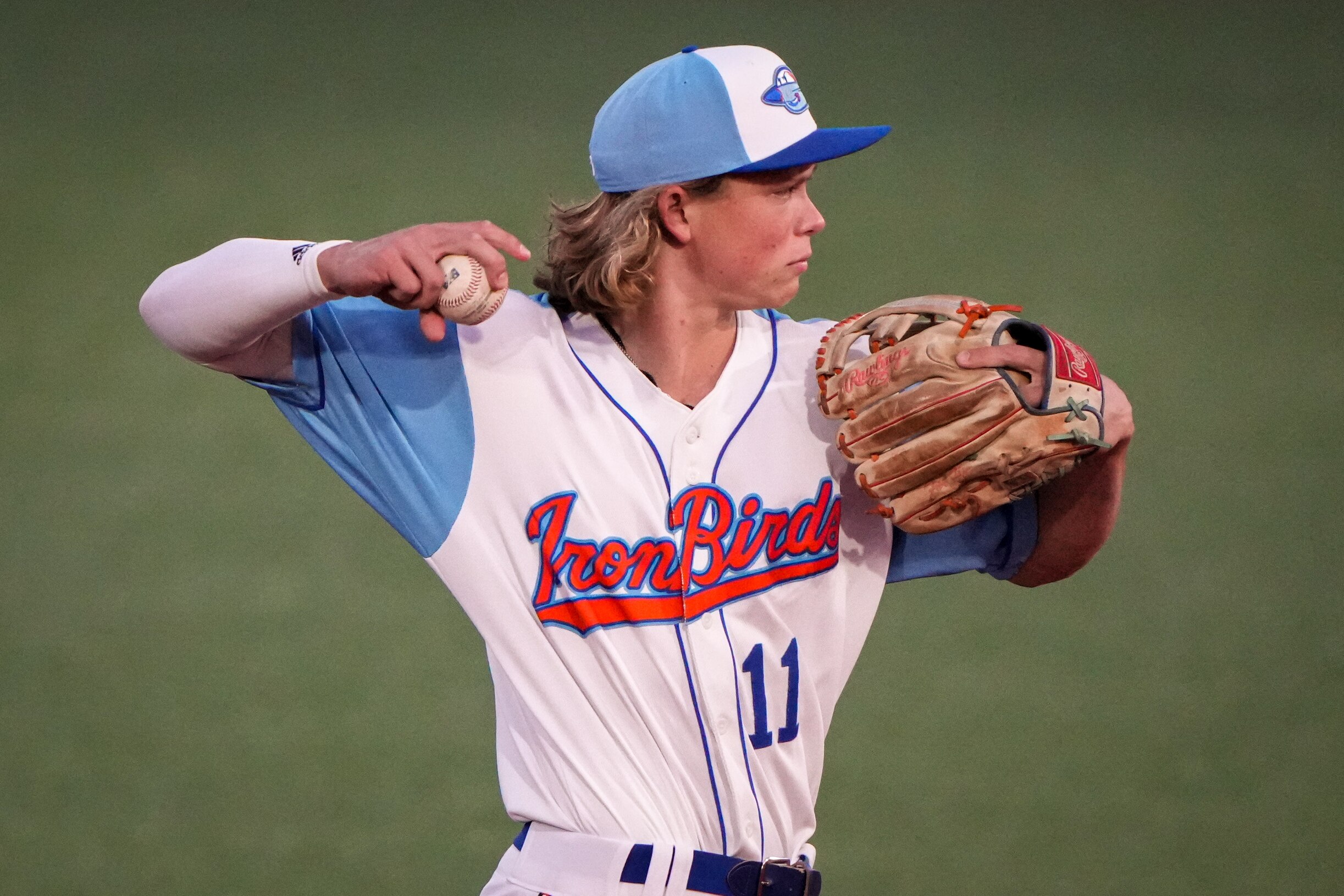 Aberdeen IronBirds shortstop Jackson Holliday (11) throws to first base in a game against the Hudson Valley Renegades at Leidos Field at Ripken Stadium on Tuesday, May 9. This game against the Renegades was Jackson Holliday’s home debut for the IronBirds.