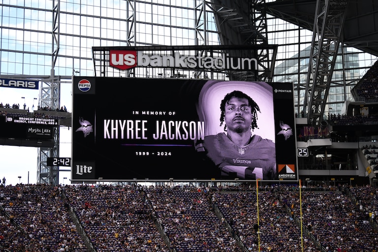 MINNEAPOLIS, MINNESOTA - AUGUST 10: A tribute to Minnesota Vikings player Khyree Jackson is shown on the screen before the preseason game between the Las Vegas Raiders and Minnesota Vikings at U.S. Bank Stadium on August 10, 2024 in Minneapolis, Minnesota. Jackson was rookie this year and was killed in a car wreck before the season. (Photo by Stephen Maturen/Getty Images)