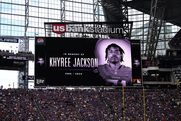MINNEAPOLIS, MINNESOTA - AUGUST 10: A tribute to Minnesota Vikings player Khyree Jackson is shown on the screen before the preseason game between the Las Vegas Raiders and Minnesota Vikings at U.S. Bank Stadium on August 10, 2024 in Minneapolis, Minnesota. Jackson was rookie this year and was killed in a car wreck before the season. (Photo by Stephen Maturen/Getty Images)