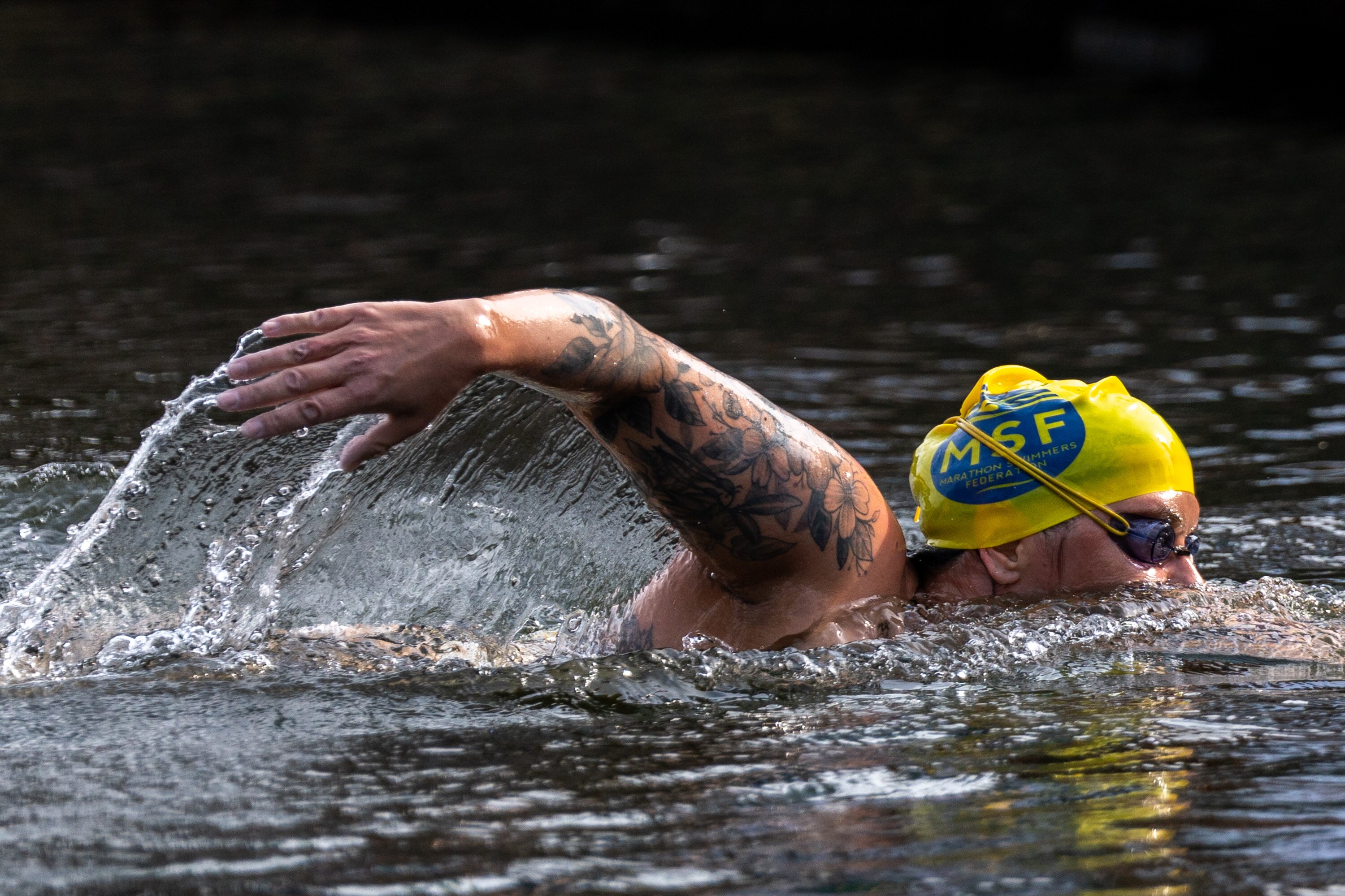 Katie Humphrey swims in the Inner Harbor at the conclusion of her 24-mile journey on June 25, 2024.