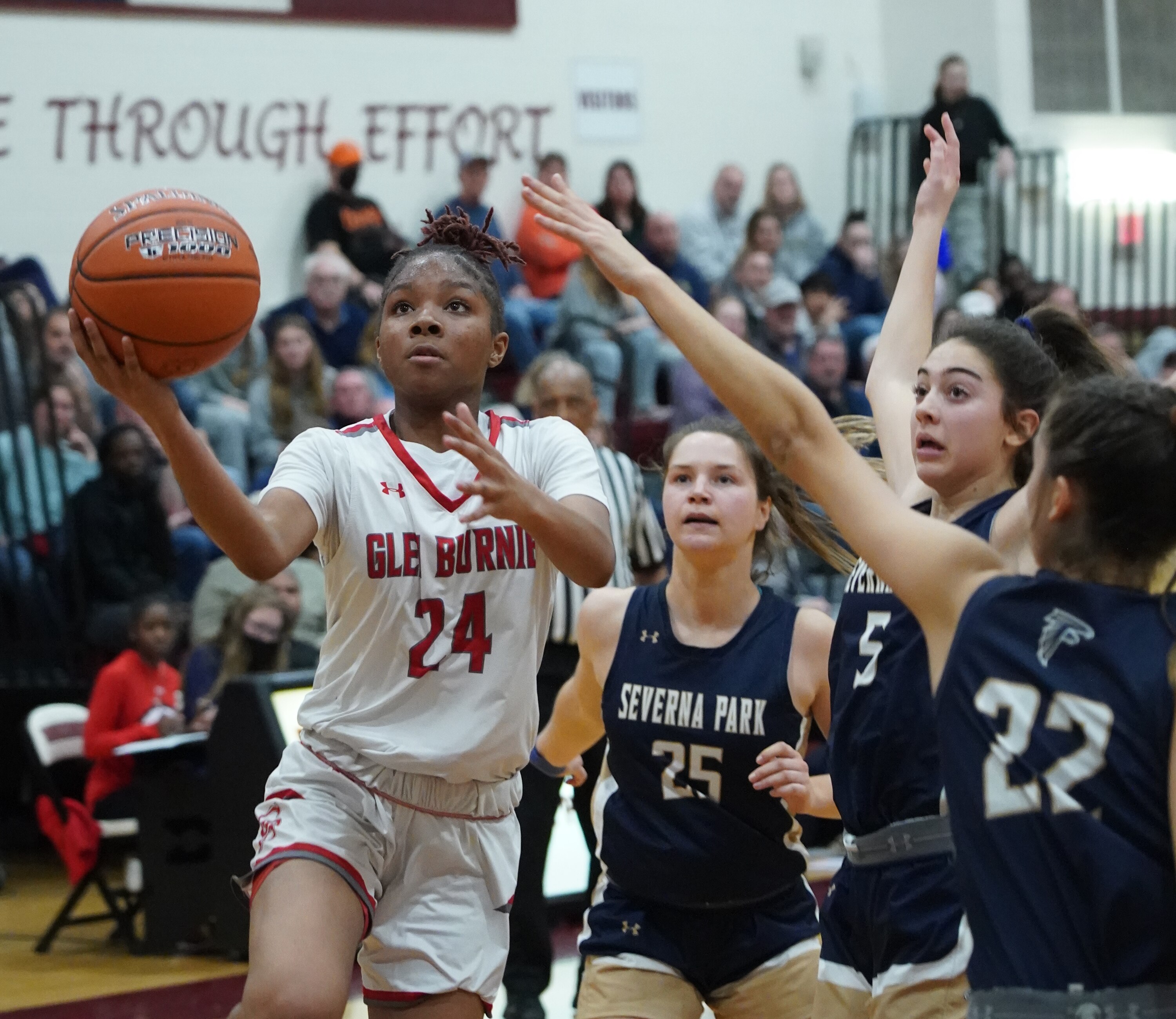 Glen Burnie’s Trinity Munford slips into the lane for a easy 2-points during Class 4A state girls basketball semifinals.  Glen Burnie High school won the game.
