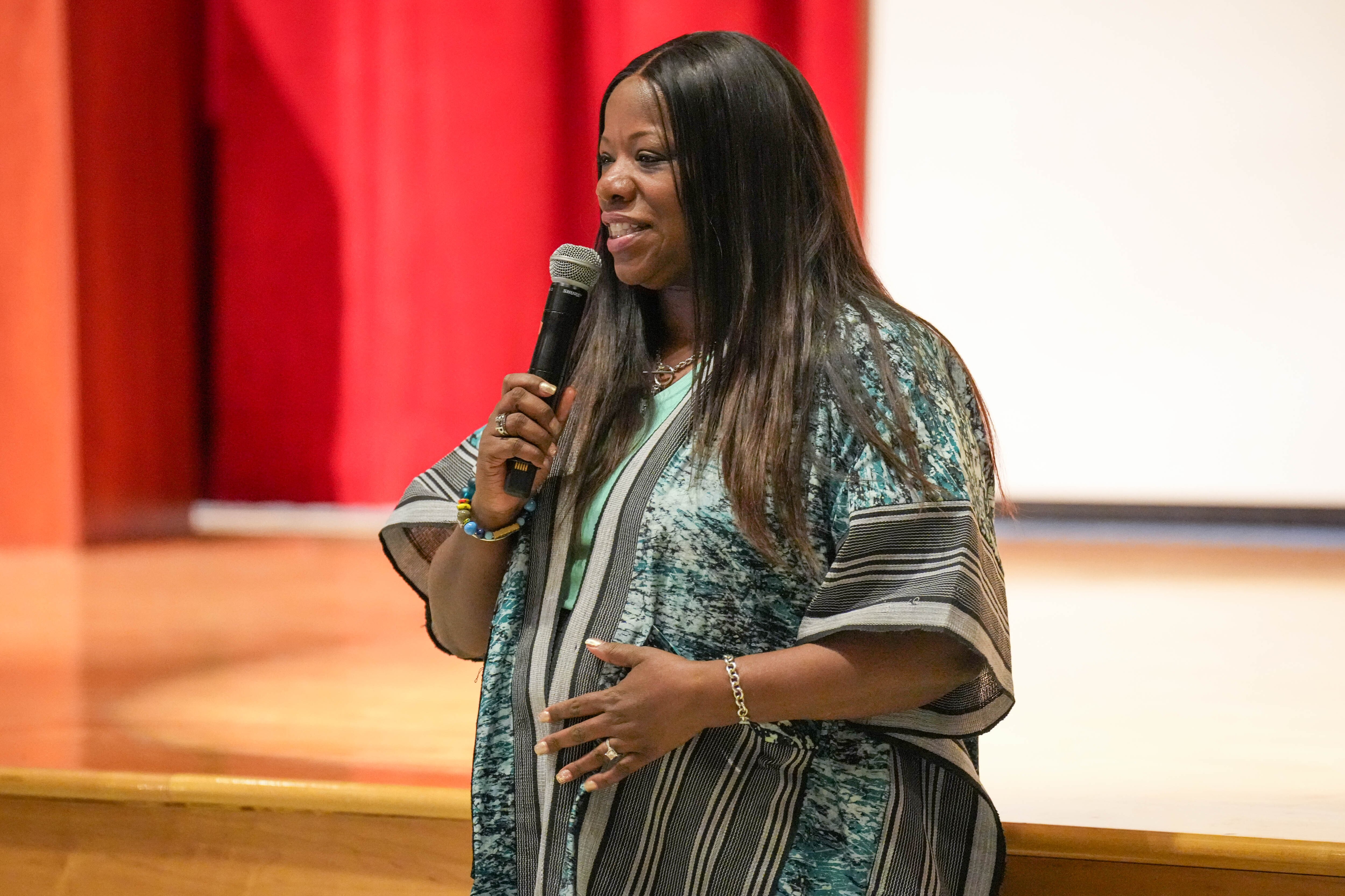 Prince George’s County Executive Aisha Braveboy during a graduation ceremony at Crossland High School in Camp Springs earlier this year. Braveboy allowed a measure to charge a $5,000 annual fee to liquor stores, tobacco shops, gun stores and storage facilities to become law without her signature.