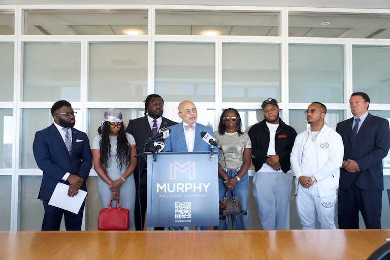 August 25, 2026 - Billy Murphy, attorney for the family of Samuel "Big Sam" Elseworth Brown Jr., speaks at a press conference discussing Maryland Attorney General Anthony Brown's decision not to charge Baltimore County Police Officer Derek Hadel for his role in Big Sam's death. He is joined by Big Sam’s loved ones.