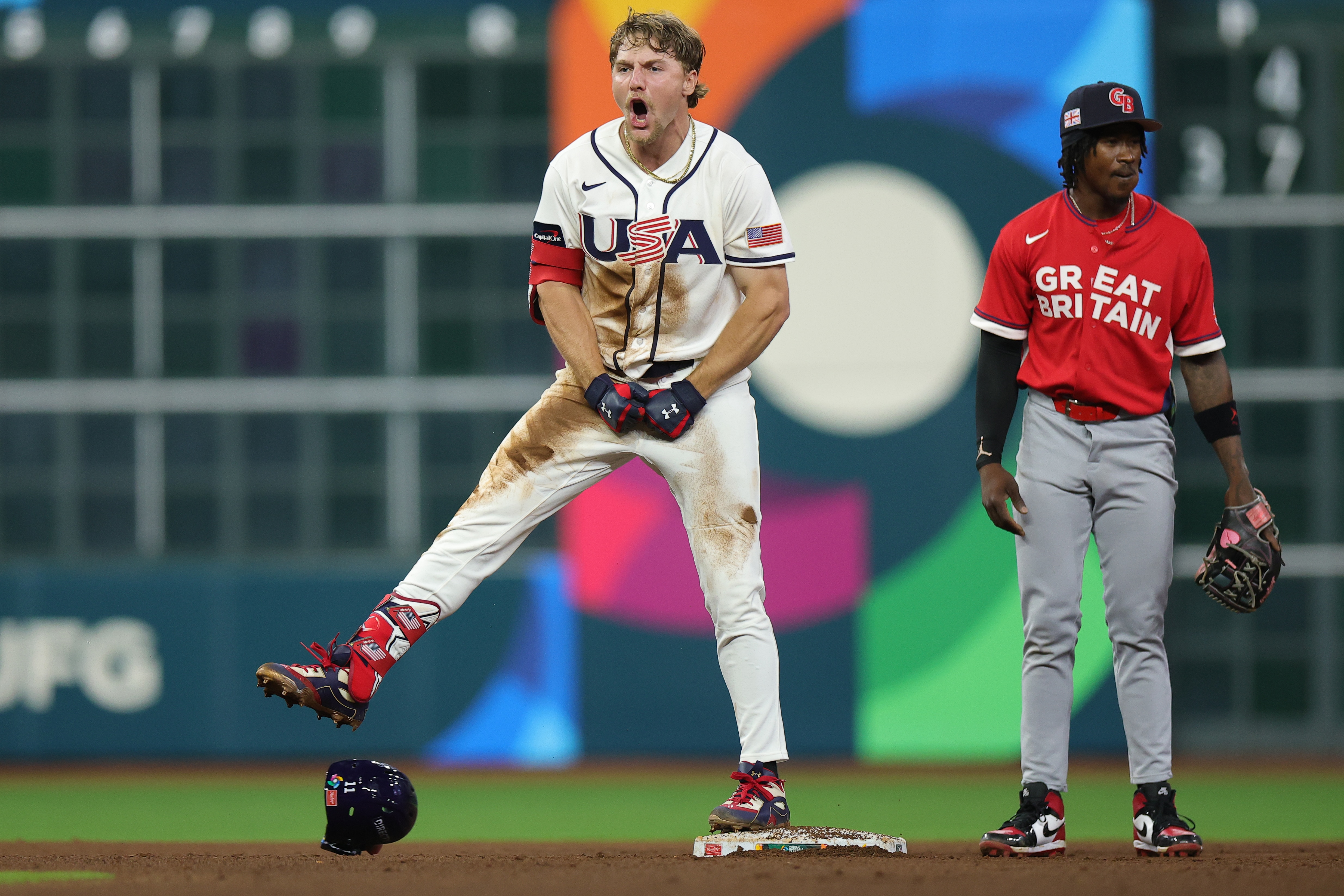 Gunnar Henderson of the U.S. celebrates after driving in two runs in the fifth inning against Great Britain on Saturday in the World Baseball Classic.