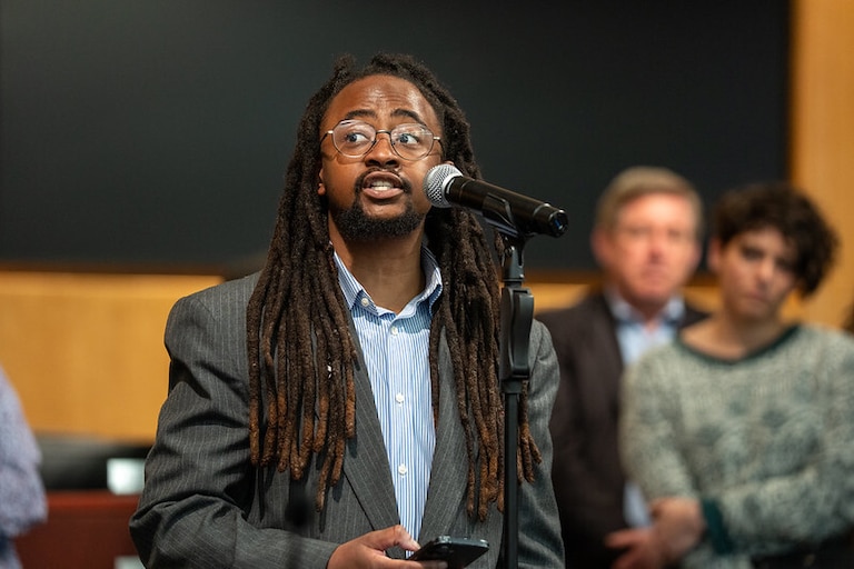 Lyric Brown speaks at a Trans Day of Visibility Proclamation led by Montgomery County Council member Kate Stewart on March 24.