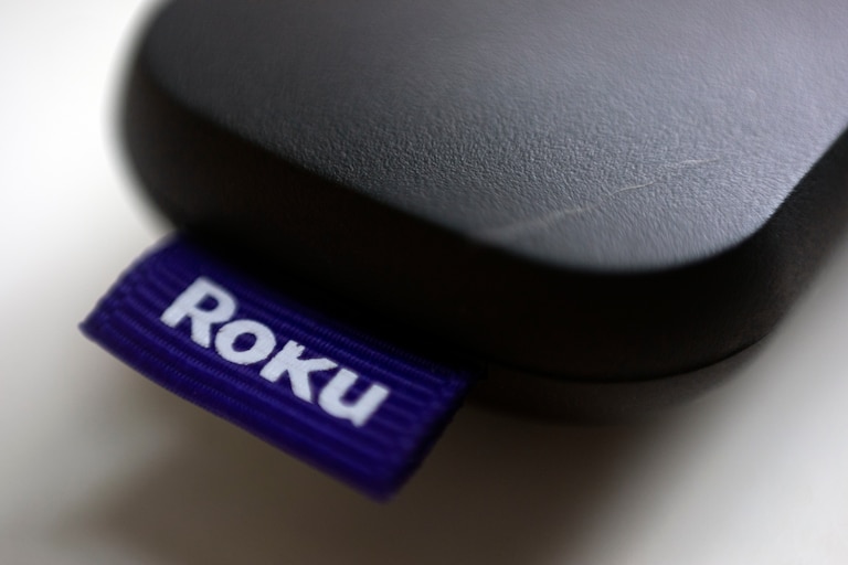 This Aug. 13, 2020 file photo shows a logo for Roku on a remote control in Portland, Oregon