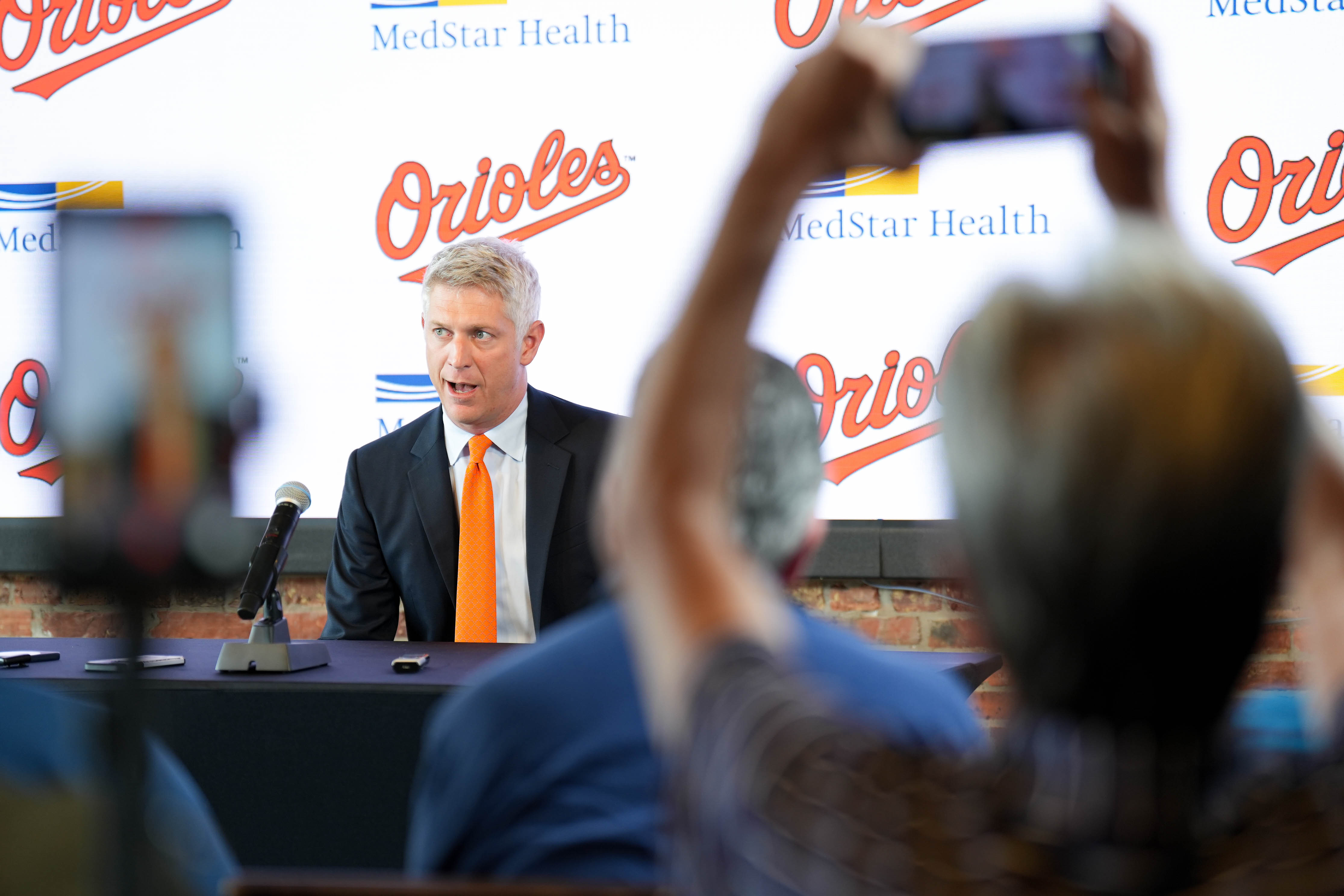 Orioles president of baseball operations Mike Elias takes questions from reporters at the team’s end-of-season press conference.
