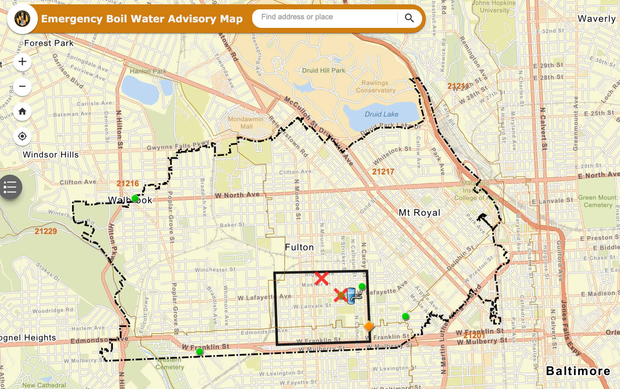 Baltimore officials released an updated map for the boil water advisory Wednesday night reducing the size of the area affected by E. coli contamination. People within the dotted black line are advised to boil their water.